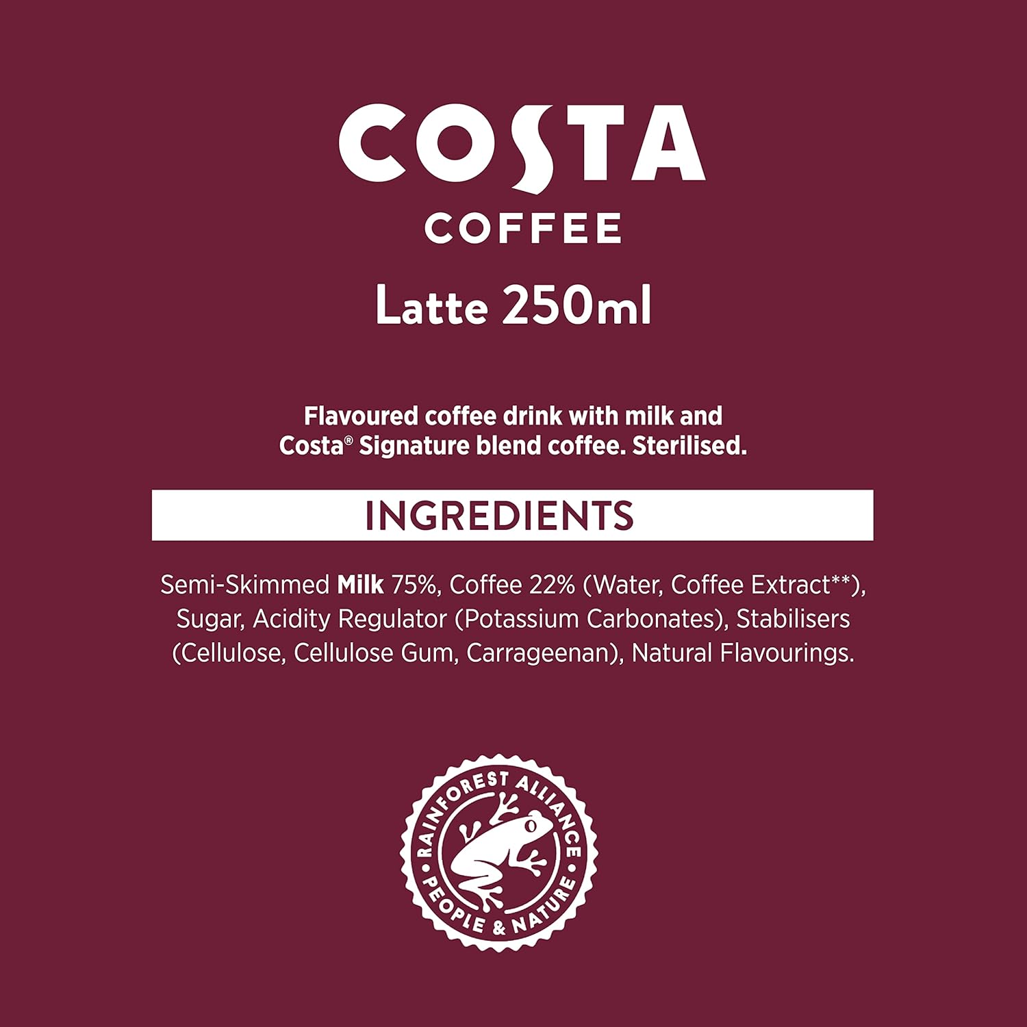 Costa Coffee Latte 4 x 250 ml - Creamy Ready-to-Drink Coffee with Mocha Italia Blend