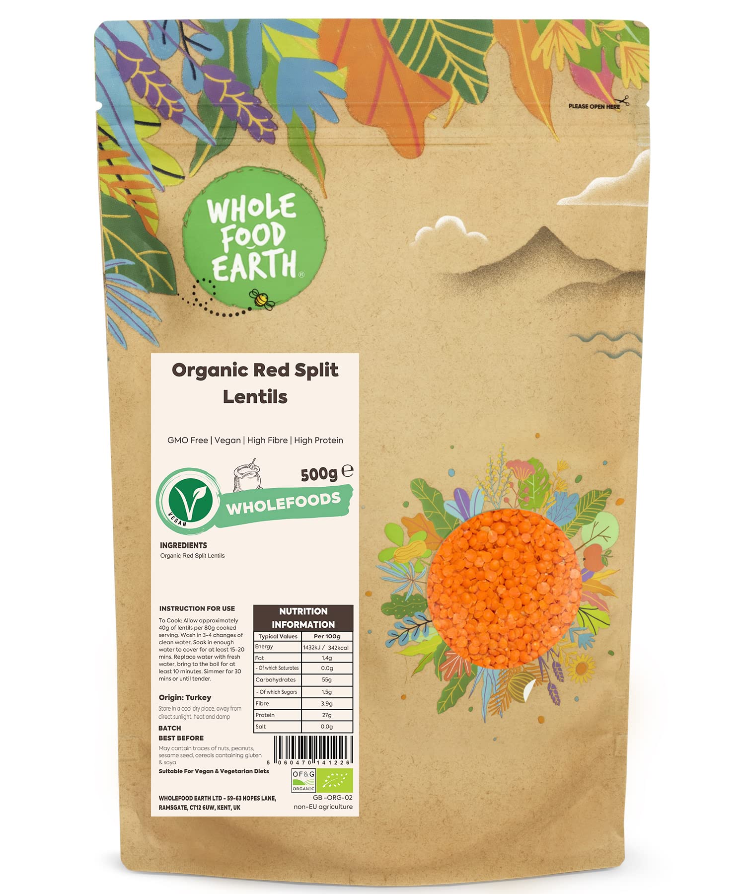 Wholefood Earth Organic Red Split Lentils 500g | GMO Free | Vegan | High Fibre