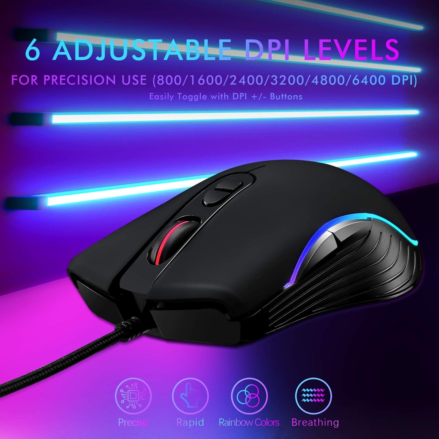 Lycander Gaming Mouse LMC380 - Wired Optical USB with 6400 DPI, 7 Buttons, RGB LED, 1.5M Cable 4