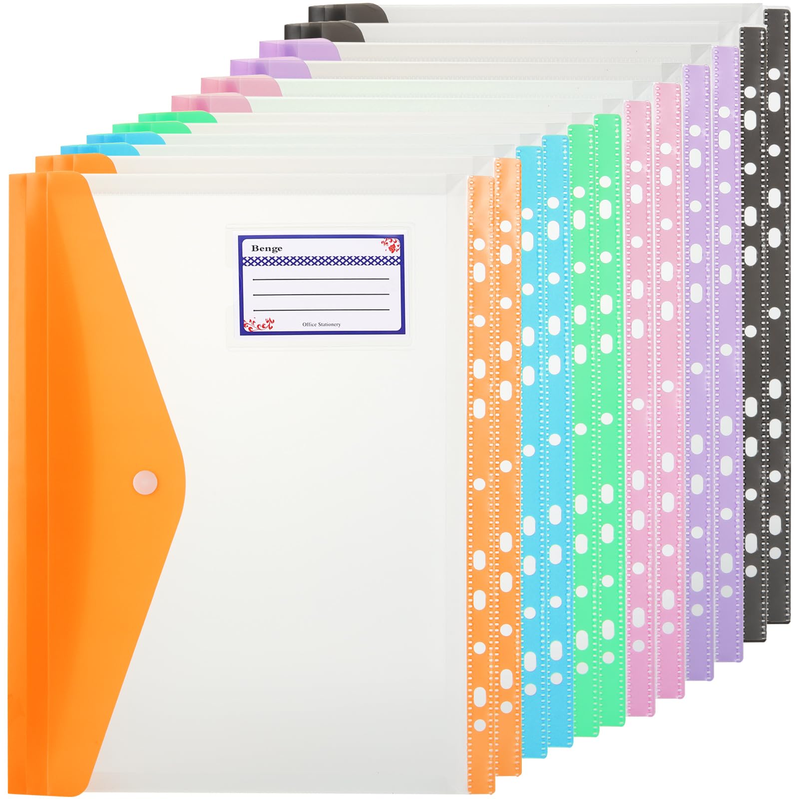 ASelected 12 Pcs A4 Plastic Wallets with Popper Closure | 6 Assorted Colors | 50 Sheet Capacity