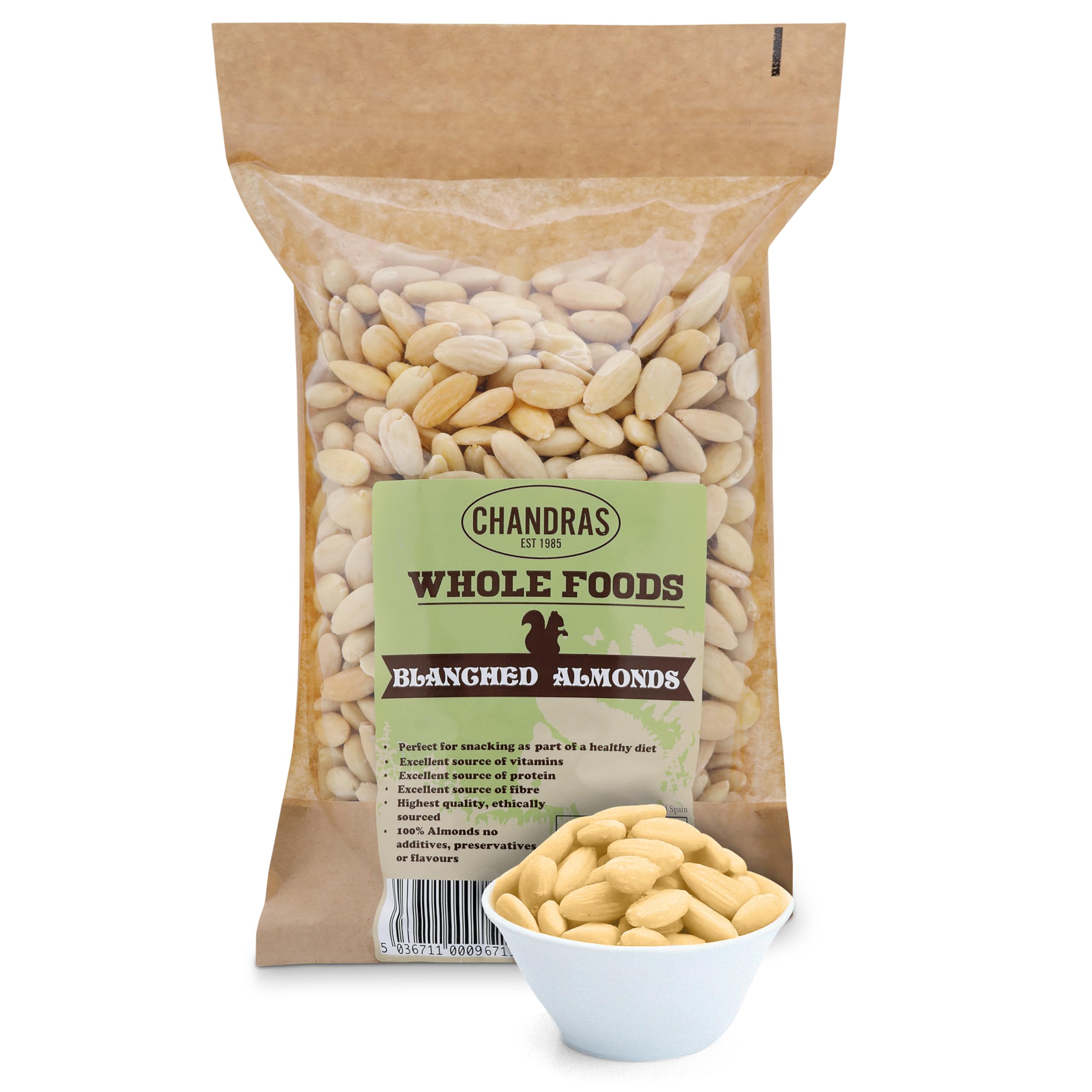 Chandra Whole Foods - Blanched Almonds 1KG - Unsalted Raw Almonds from Spain