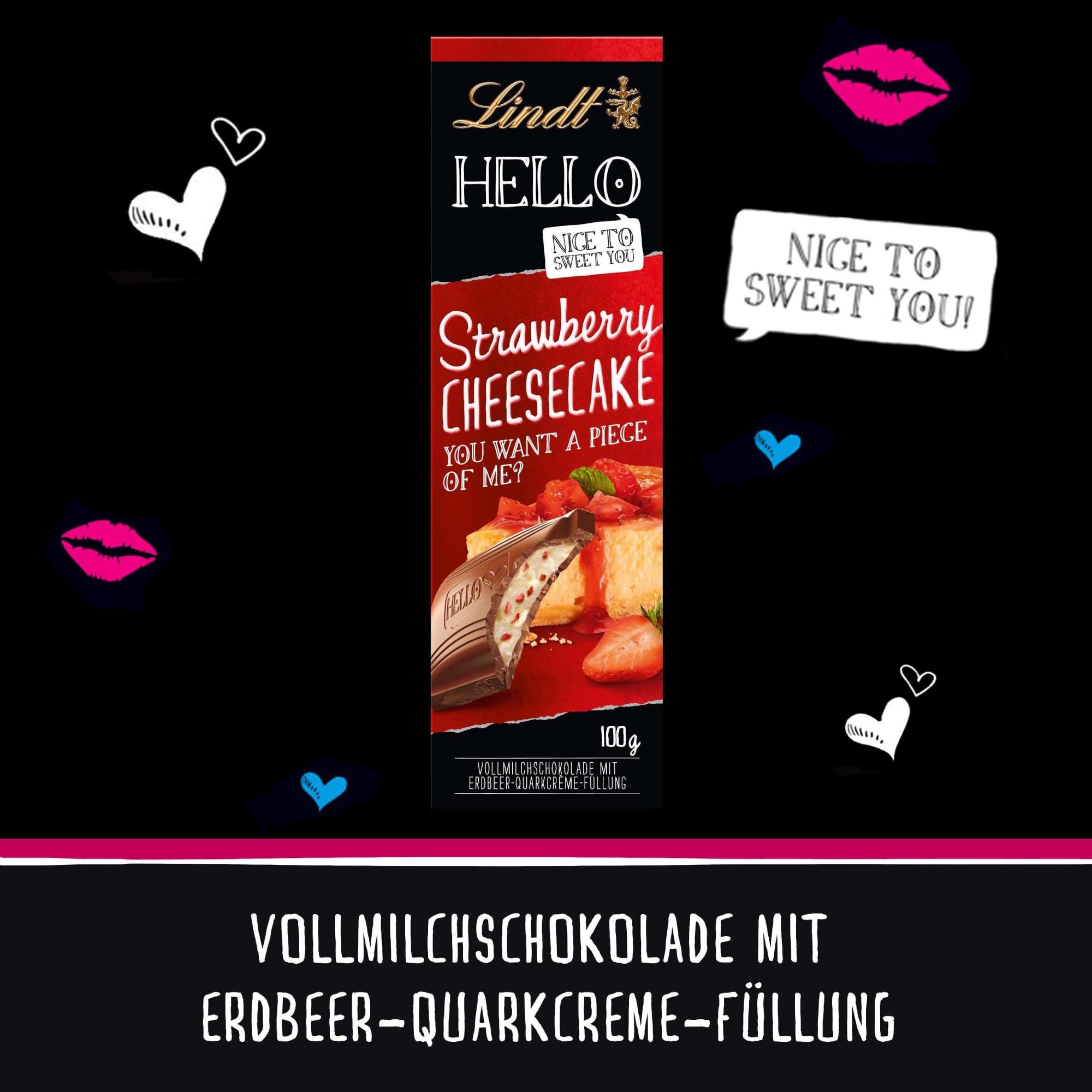 Lindt Hello Milk Chocolate Strawberry Cheesecake Bar, 100g