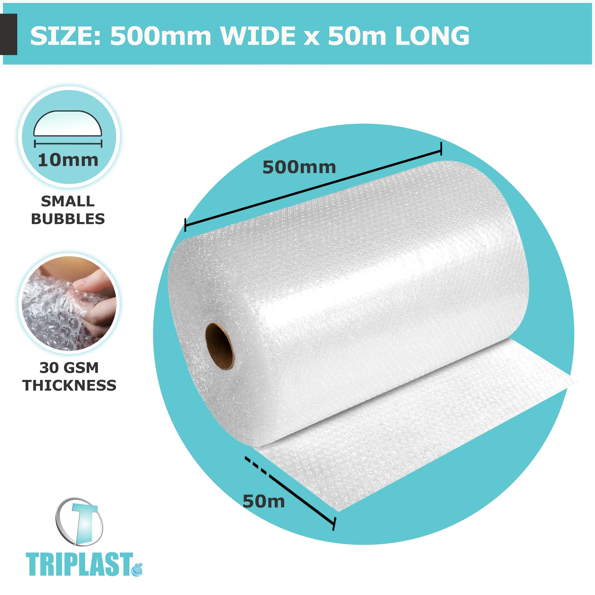 Triplast Bubble Wrap Roll - 500mm x 50m | 30gsm Thickness | Small 10mm Bubbles 2