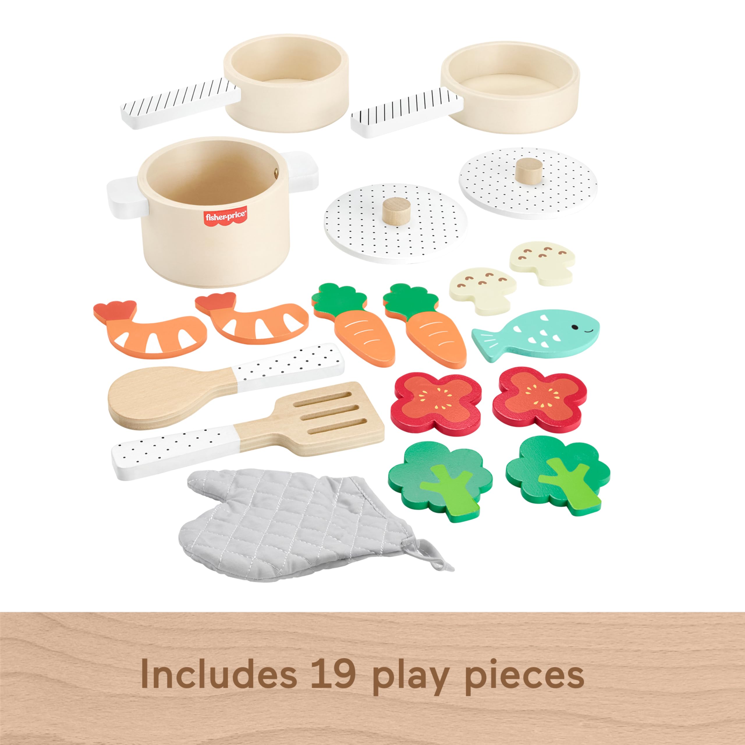 Fisher-Price Wood Pots & Pans Set - Pretend Cooking Toy | FSC-Certified Wood | Ages 3+ 4