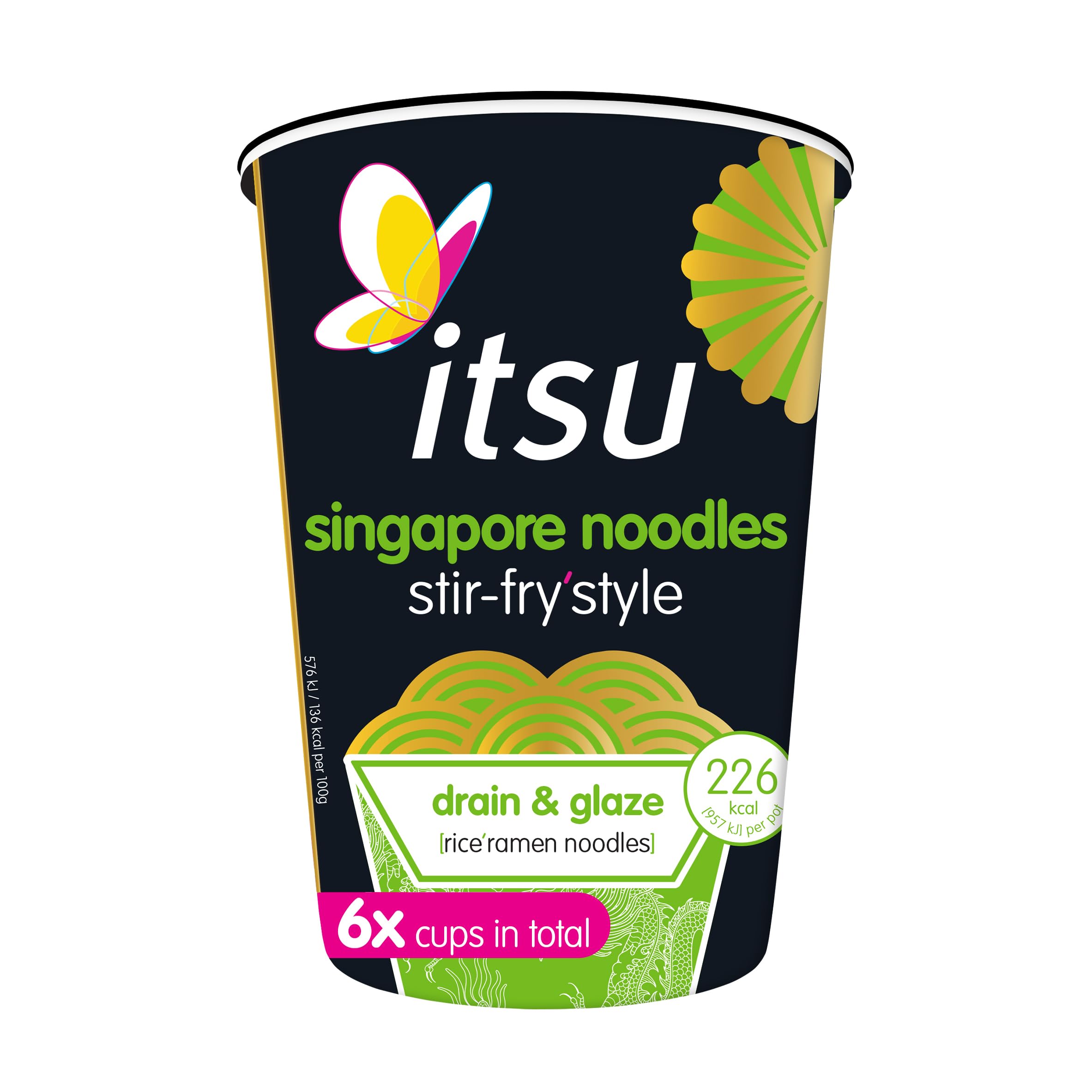 Itsu Singapore Stir Fry Style Noodles 79g | Instant Noodles Multipack Pots | Air-Dried Rice Ramen with Curry Glaze | Pack of 6
