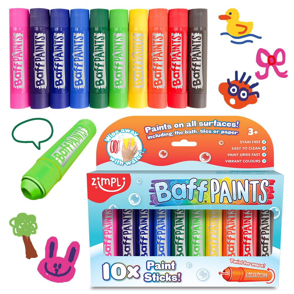 ZIMPLI 10 x Large Baff Paint Sticks - Stain Free Bath Crayons for Kids | Wax Material