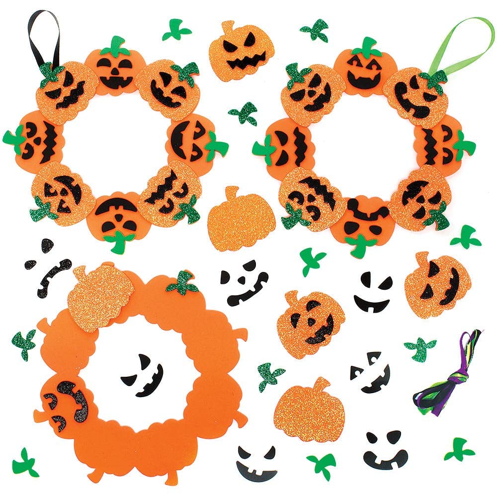 Baker Ross FX251 Pumpkin Mix and Match Wreath Kits - Pack of 3, Halloween Craft Kit