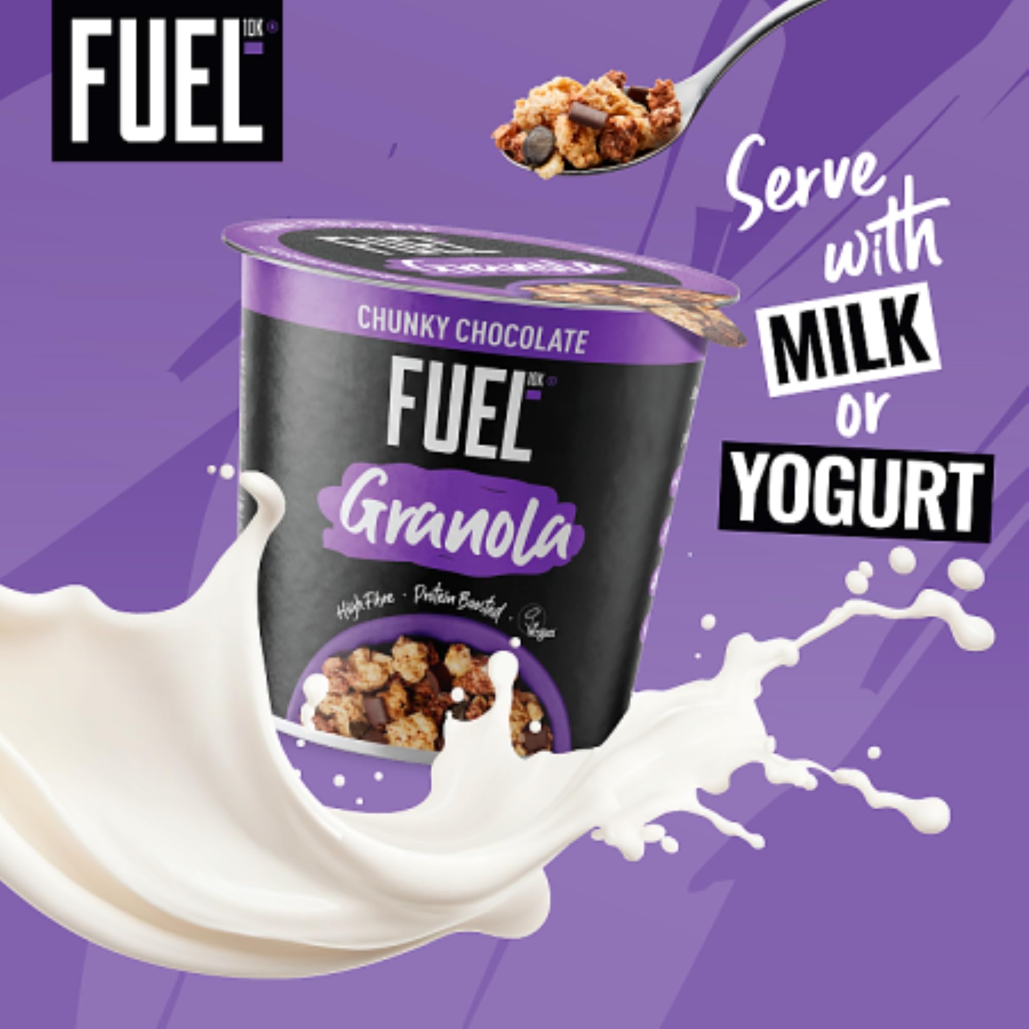 FUEL10K Chocolate Protein Granola Cereal Pot, 70g (Pack of 8) - Vegan-Friendly, High Protein Breakfast Snack
