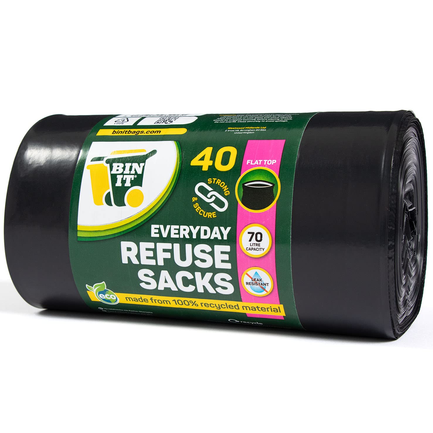 BIN IT 40 Everyday 70L Strong & Secure Bin Liners, 100% Recycled LDPE, 30 μm, Flat Top, Tear Resistant, Leak Resistant, Made in Britain