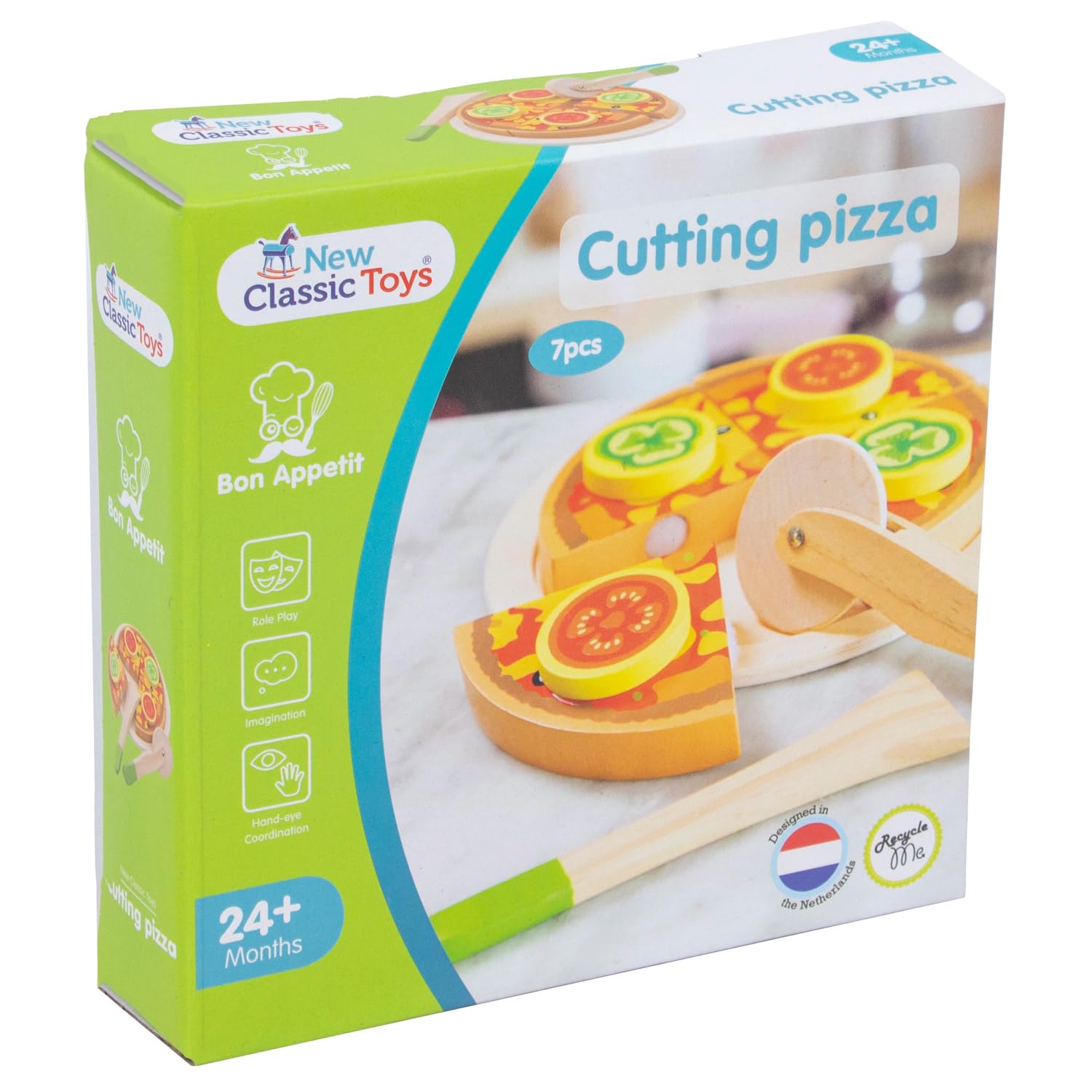 New Classic Toys 10587 Wooden Pretend Play Pizza Set - Educational Cutting & Cooking Toy for Toddlers 2+ 5