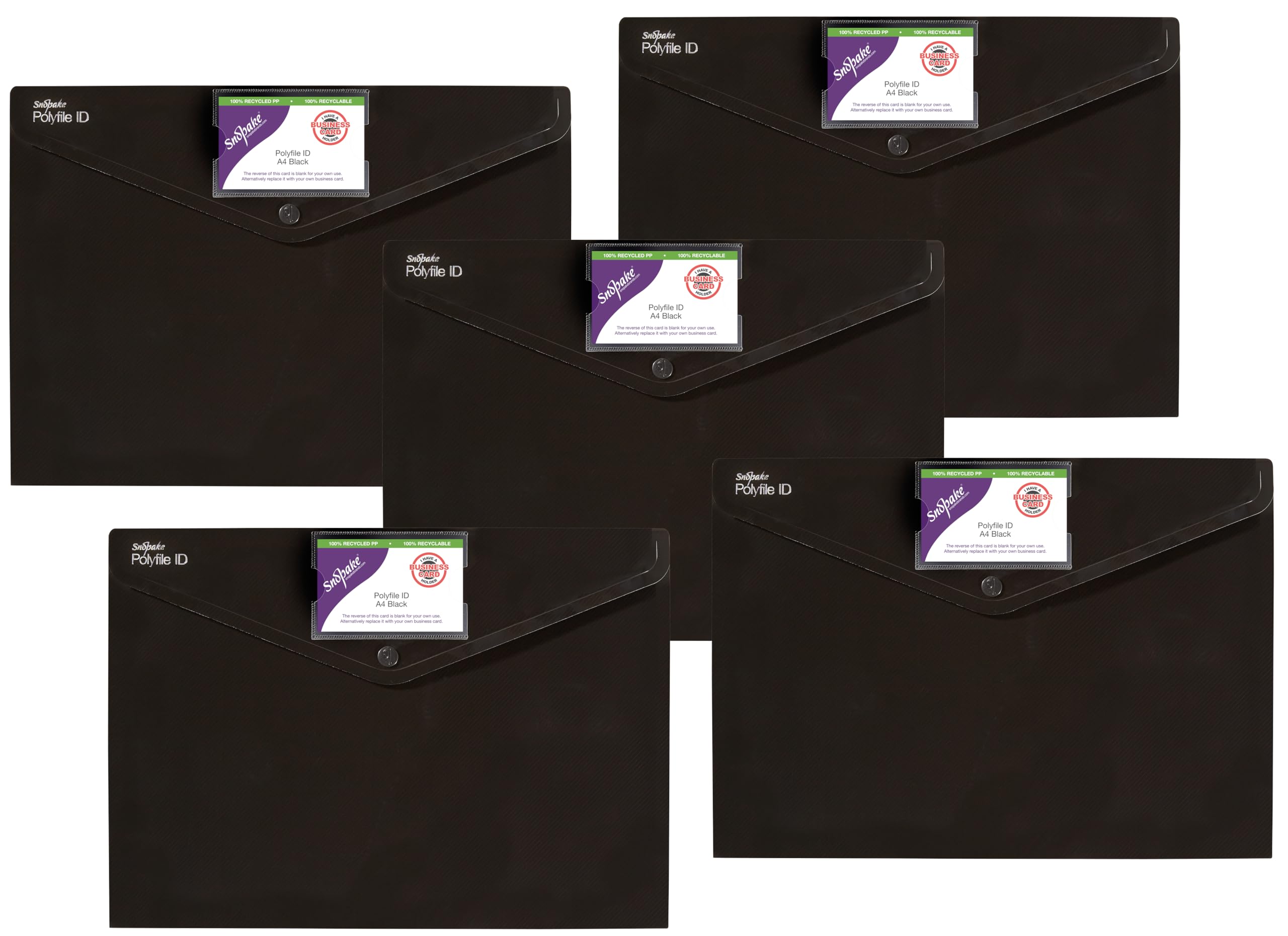 Snopake A4 Polyfile ID Popper Wallet with Press Stud Closure - Black | Pack of 5 | Durable Polypropylene