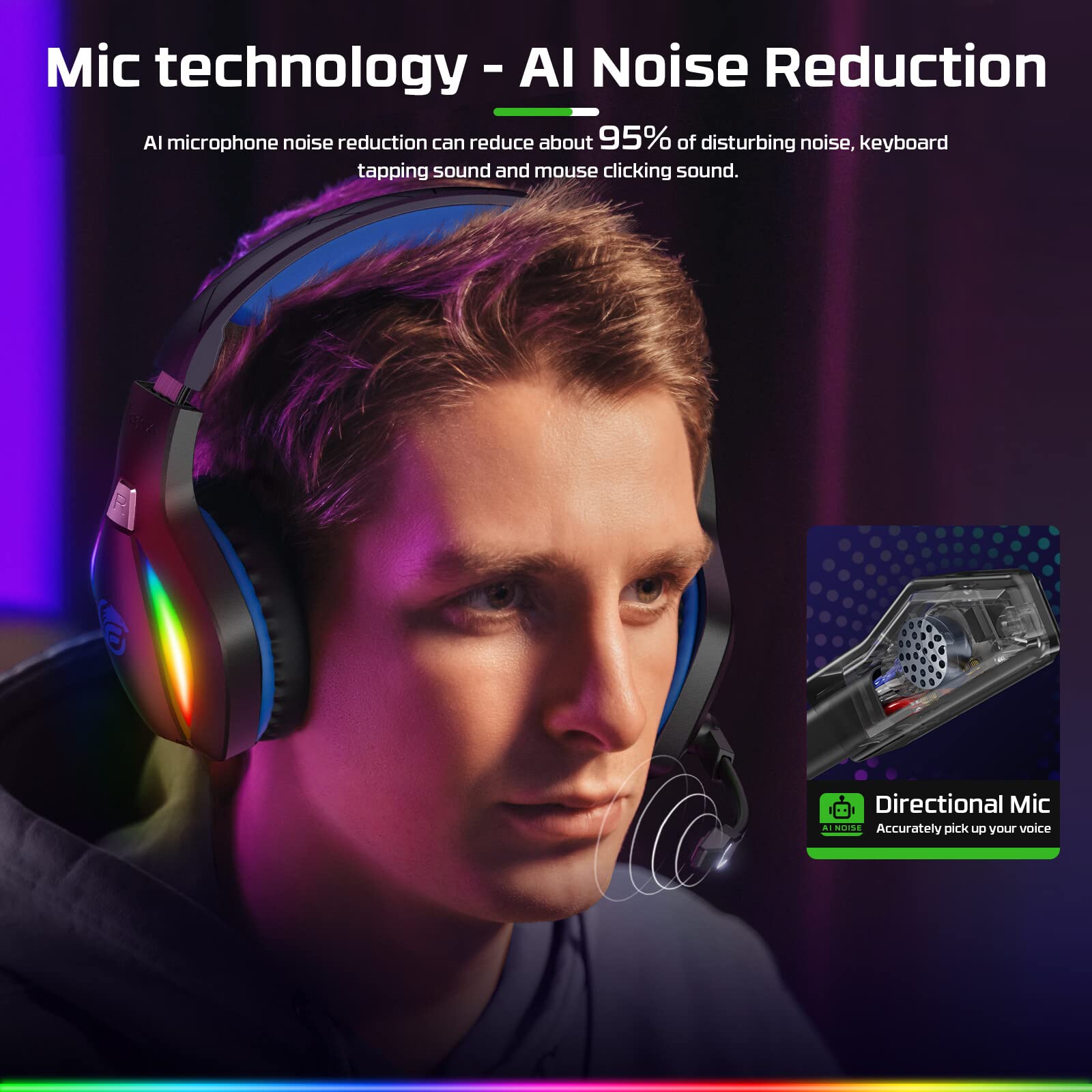 Fachixy FC-100 Gaming Headset for PS4, PS5, PC, Xbox One, Switch - RGB Lighting, 50mm Drivers, Noise-Canceling Mic 4
