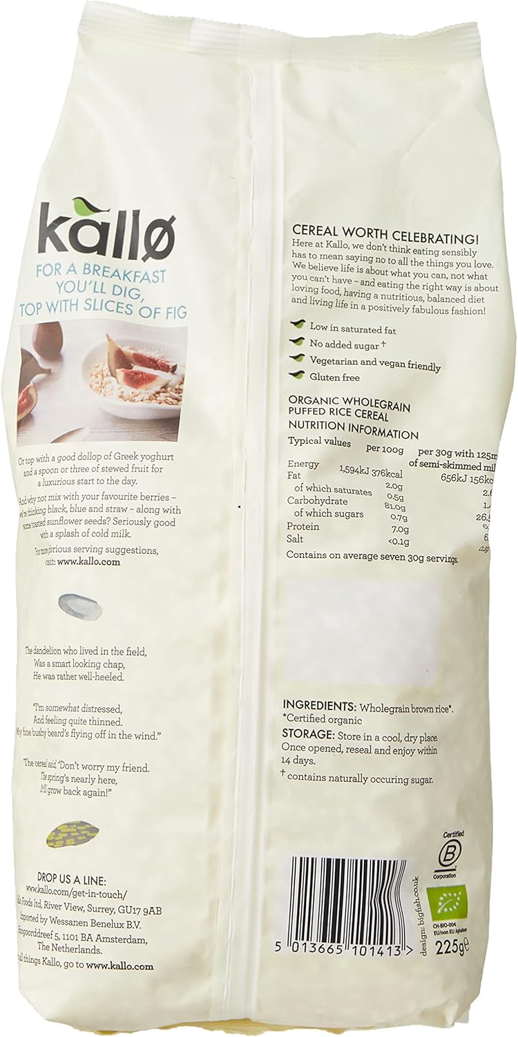 Kallo Gluten Free Organic Wholegrain Puffed Rice Cereal, 225g 3
