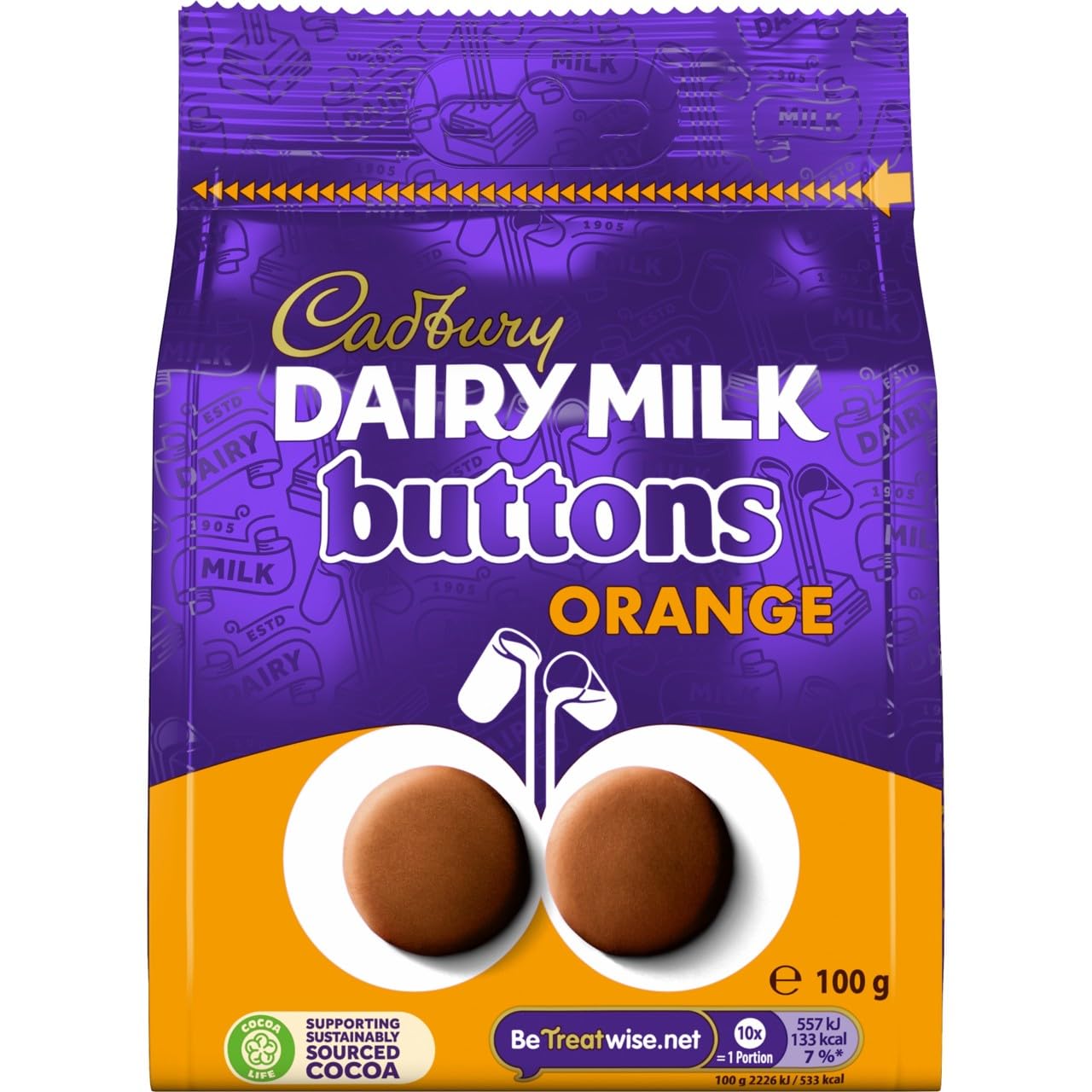 Cadbury Dairy Milk Chocolate Orange Flavour Giant Buttons, 100g Sharing Bag
