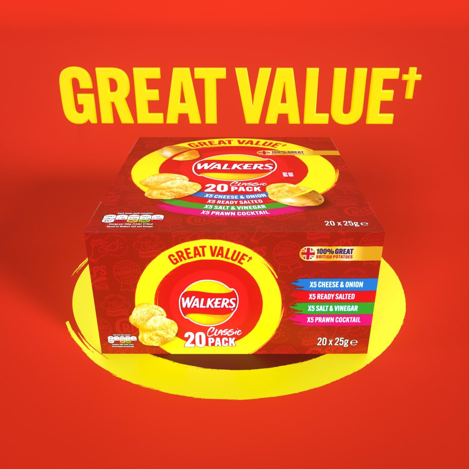 Walkers Classic Variety Multipack Crisps Box 20x25g - Ready Salted, Cheese & Onion, Salt & Vinegar, Prawn Cocktail 3