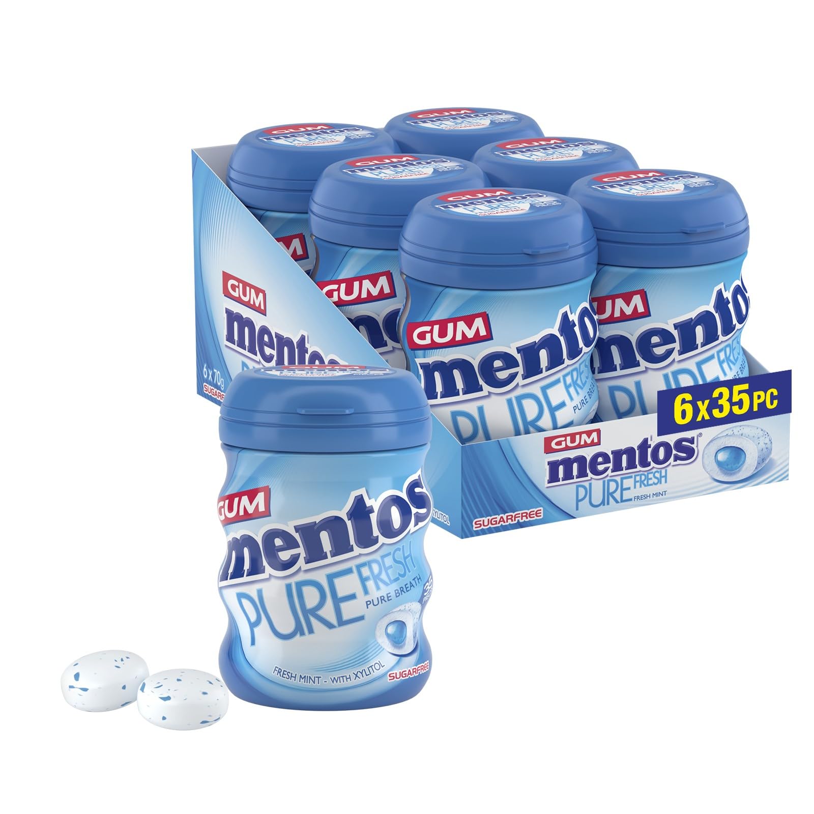 MENTOS Pure Fresh Fresh Mint Chewing Gum - Sugar-Free, Xylitol, 6 Pack of 35 Pieces
