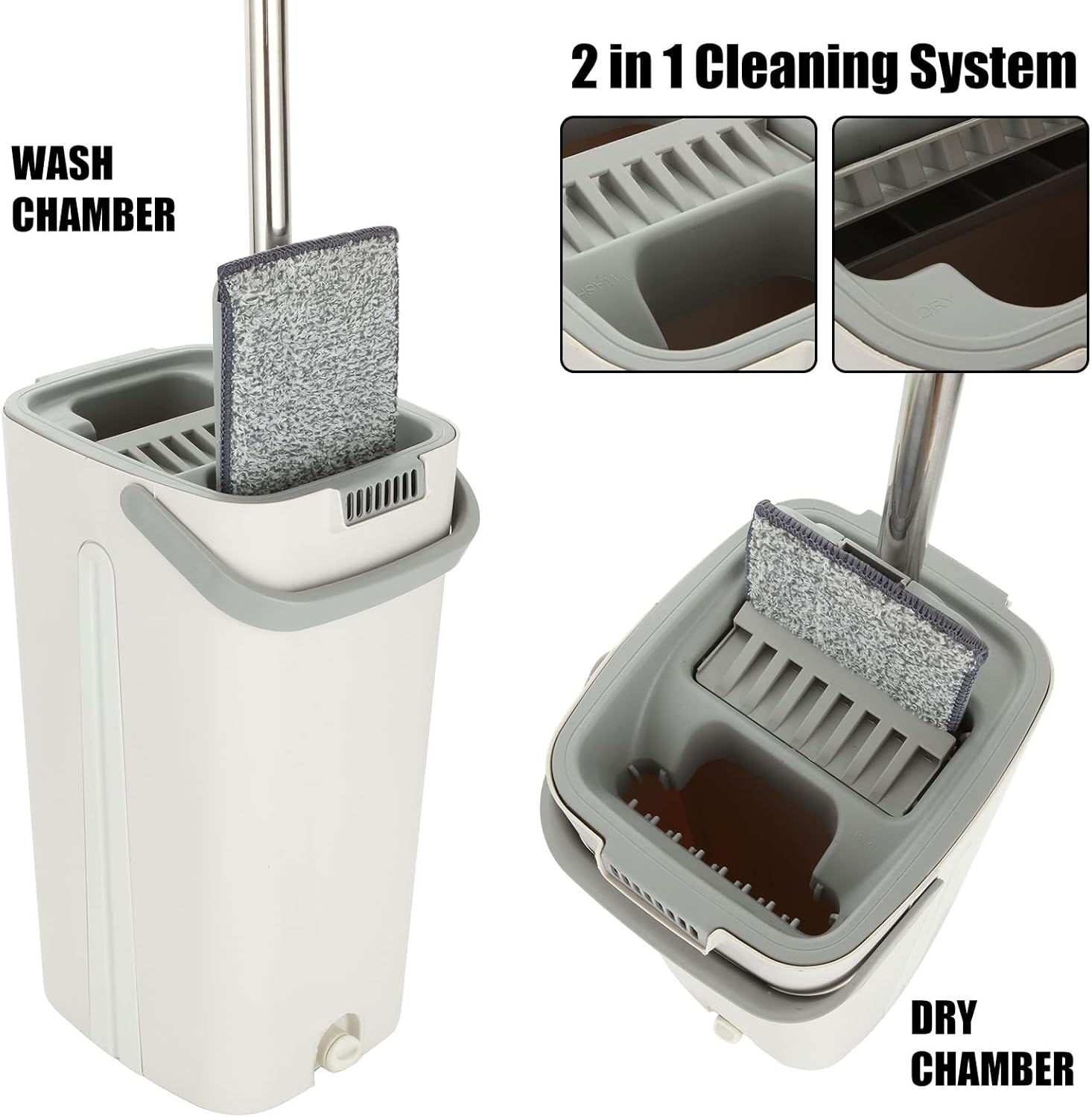 ASelected - Flat Mop and Bucket Set with Hands-Free Squeeze, 10 Reusable Microfiber Pads, Stainless Steel Handle 4