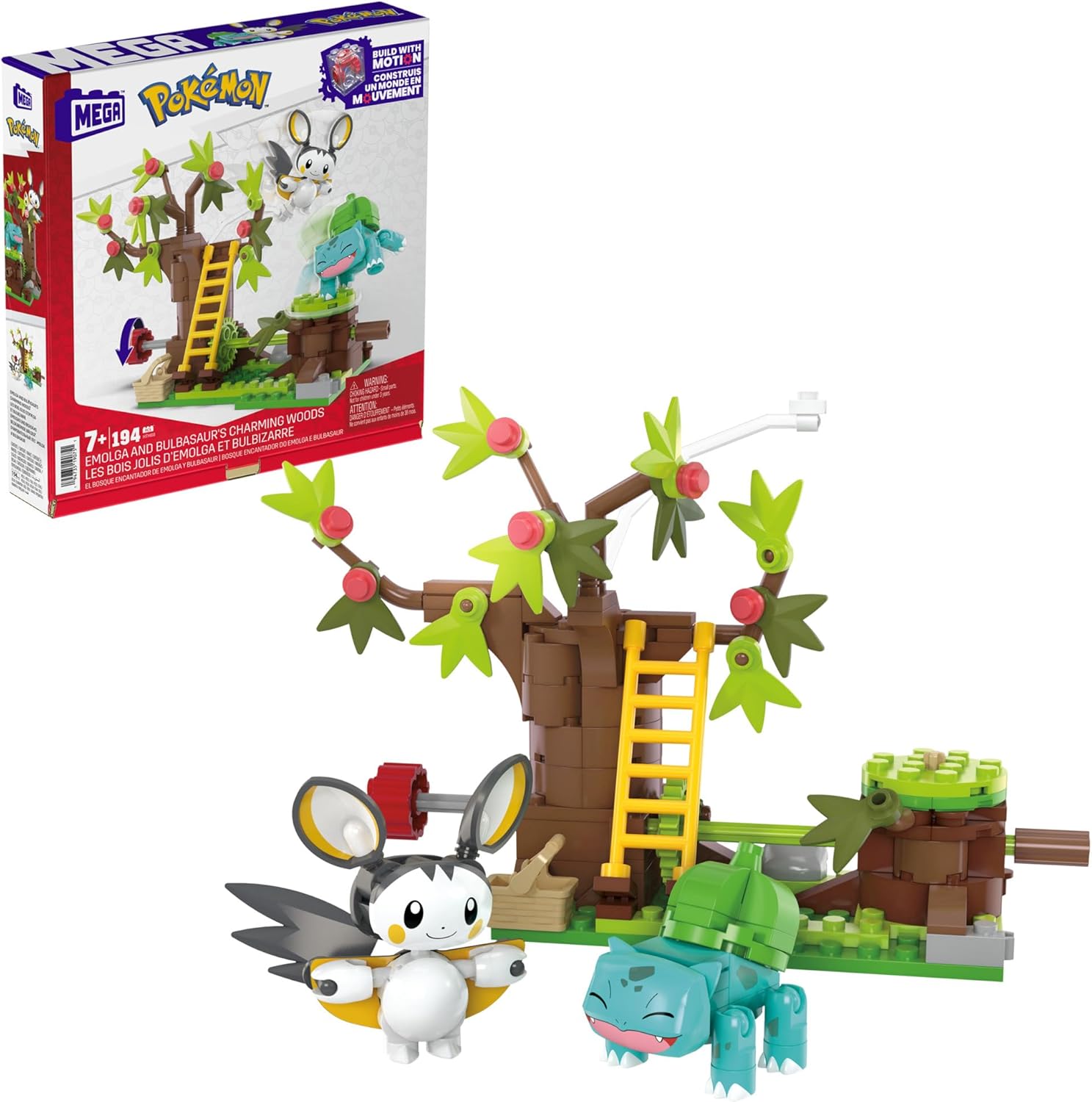 MEGA Pokémon Action Figure Building Toys - Emolga & Bulbasaur's Charming Woods with Motion Brick
