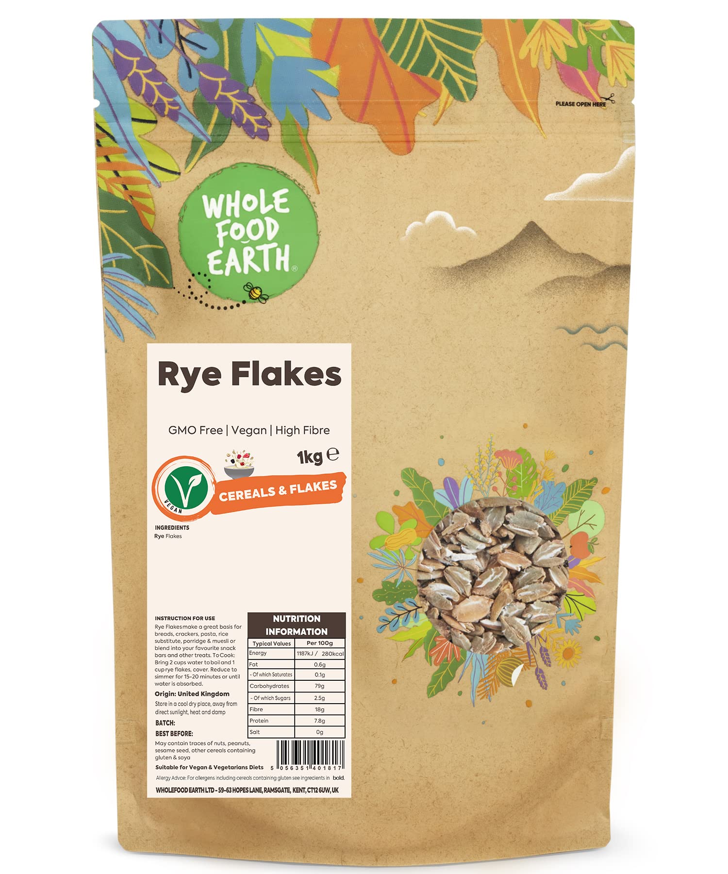 Whole Food Earth® Rye Flakes 1 kg | GMO Free | High Fibre | Vegan | Recyclable Packaging
