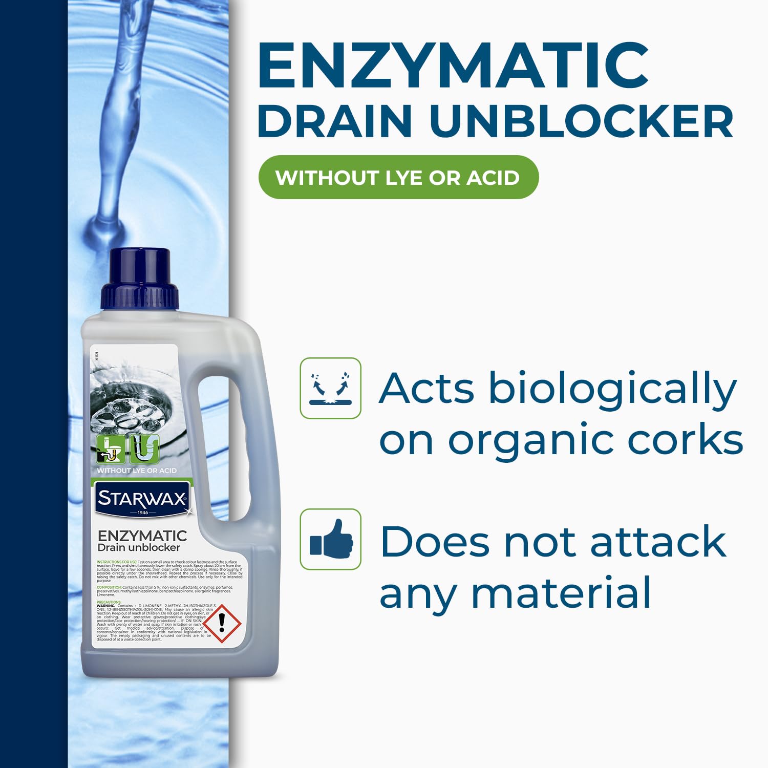 STARWAX Biological Drain Cleaner - Acid Free Unclogging for Toilets & Drains | 1 Litre