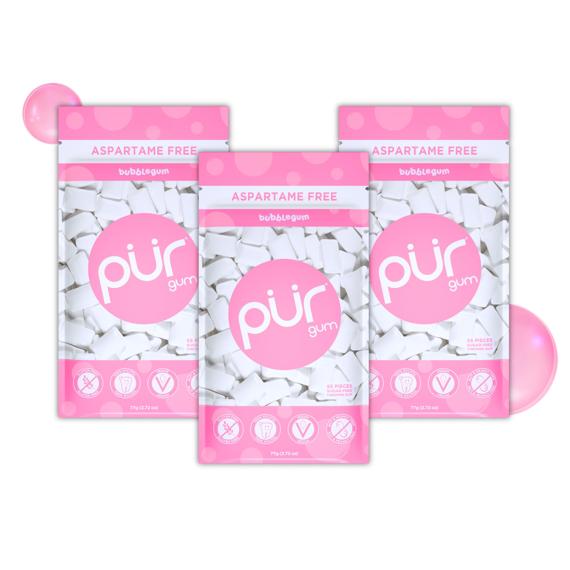 PUR Gum Sugar Free Chewing Gum, Natural Bubblegum Flavor, Xylitol Sweetened, 55 Count (Pack of 3) 1