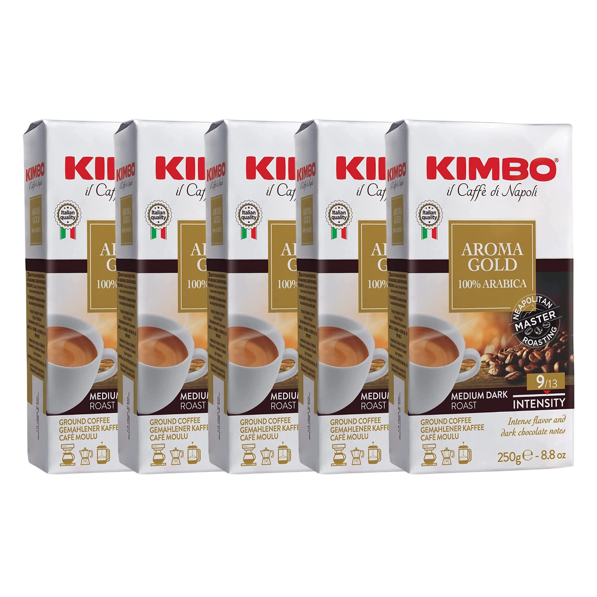 Kimbo Aroma Gold Italian Ground Coffee (5 x 250g) | 100% Arabica Medium Dark Roast from Naples