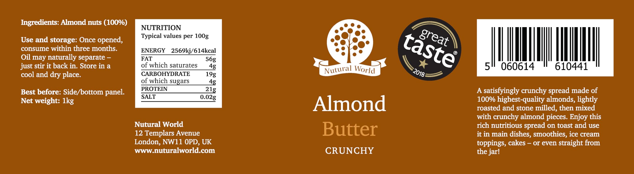 Nutural World - Crunchy Almond Nut Butter (1kg) Glass Jar - Great Taste Award Winner