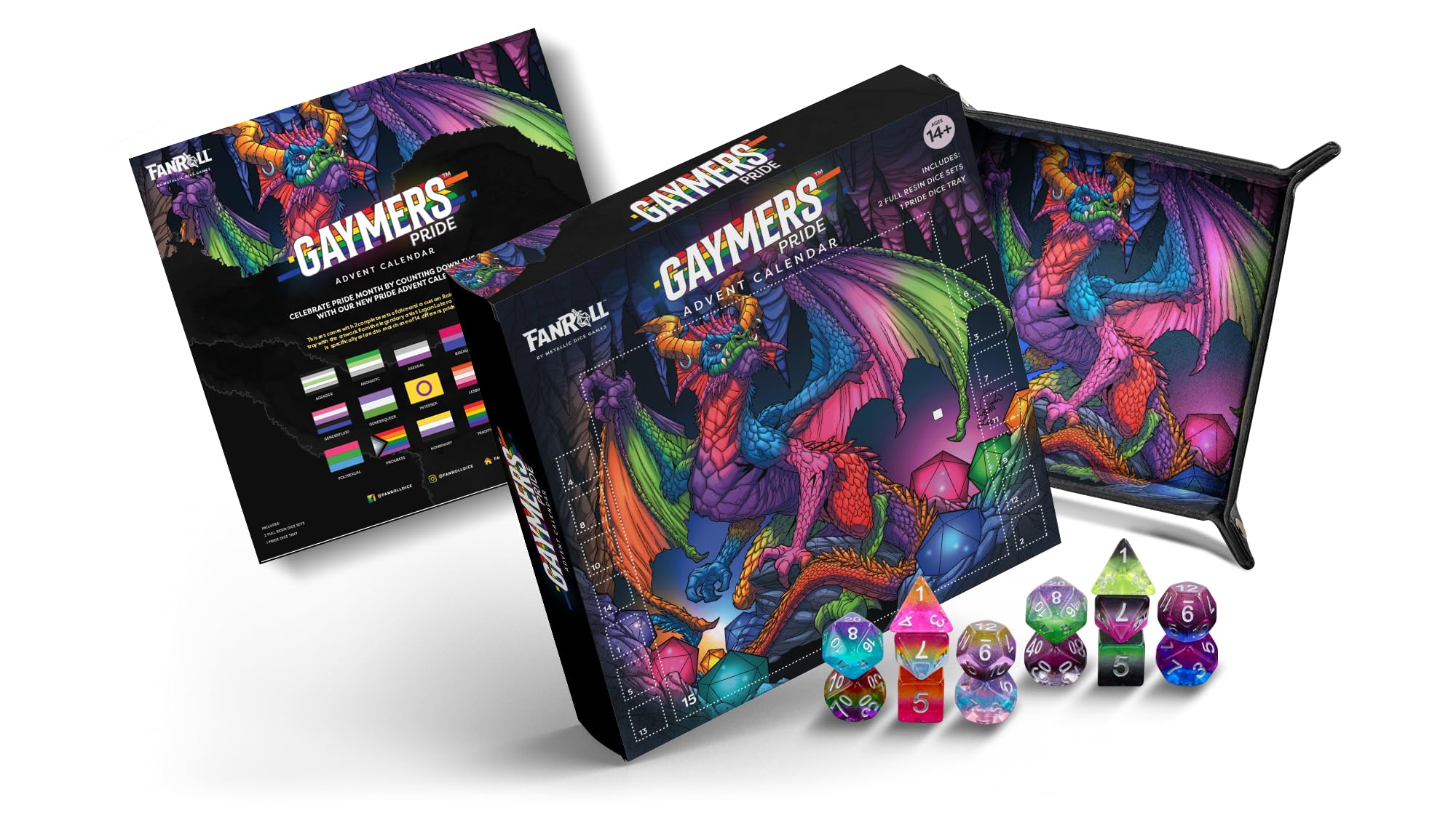 FanRoll Gaymers Pride Advent Calendar with Rainbow Dragon Dice Sets by Logan Lubera
