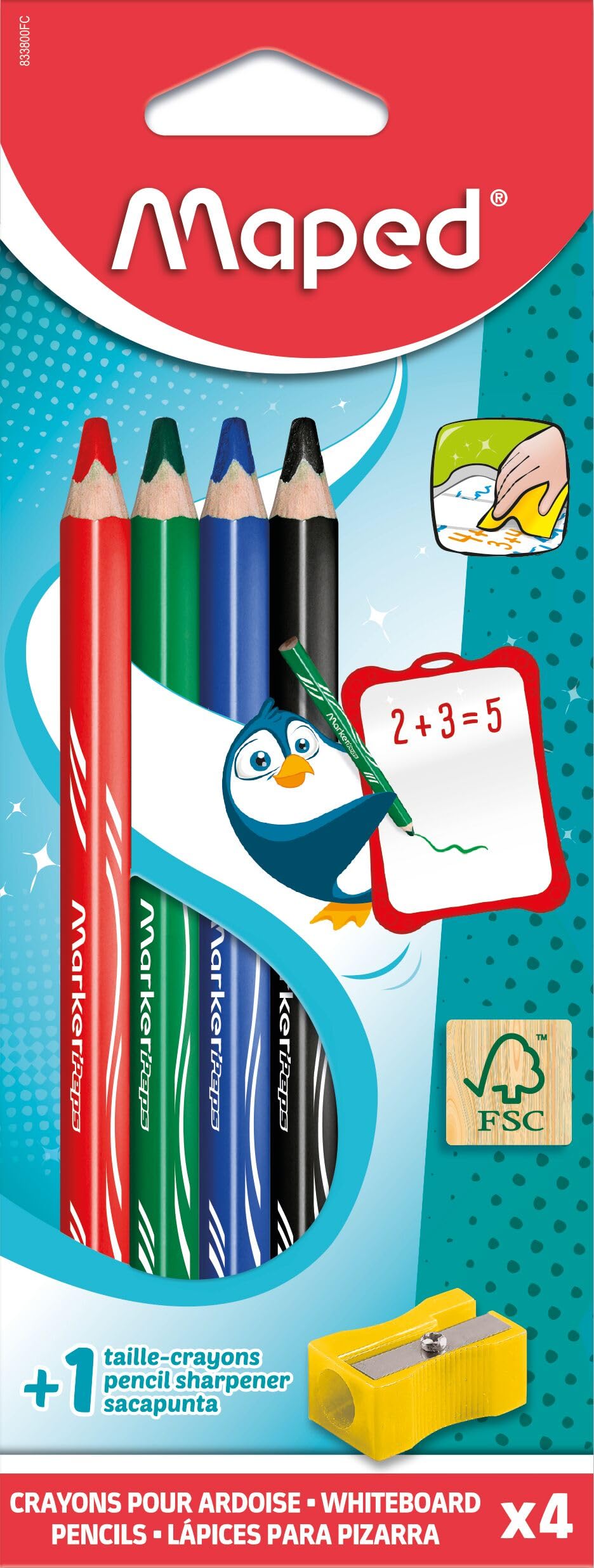 Maped Wooden Dry Erase Pencils - 4 Assorted Colours with Sharpener | Wood Material 1