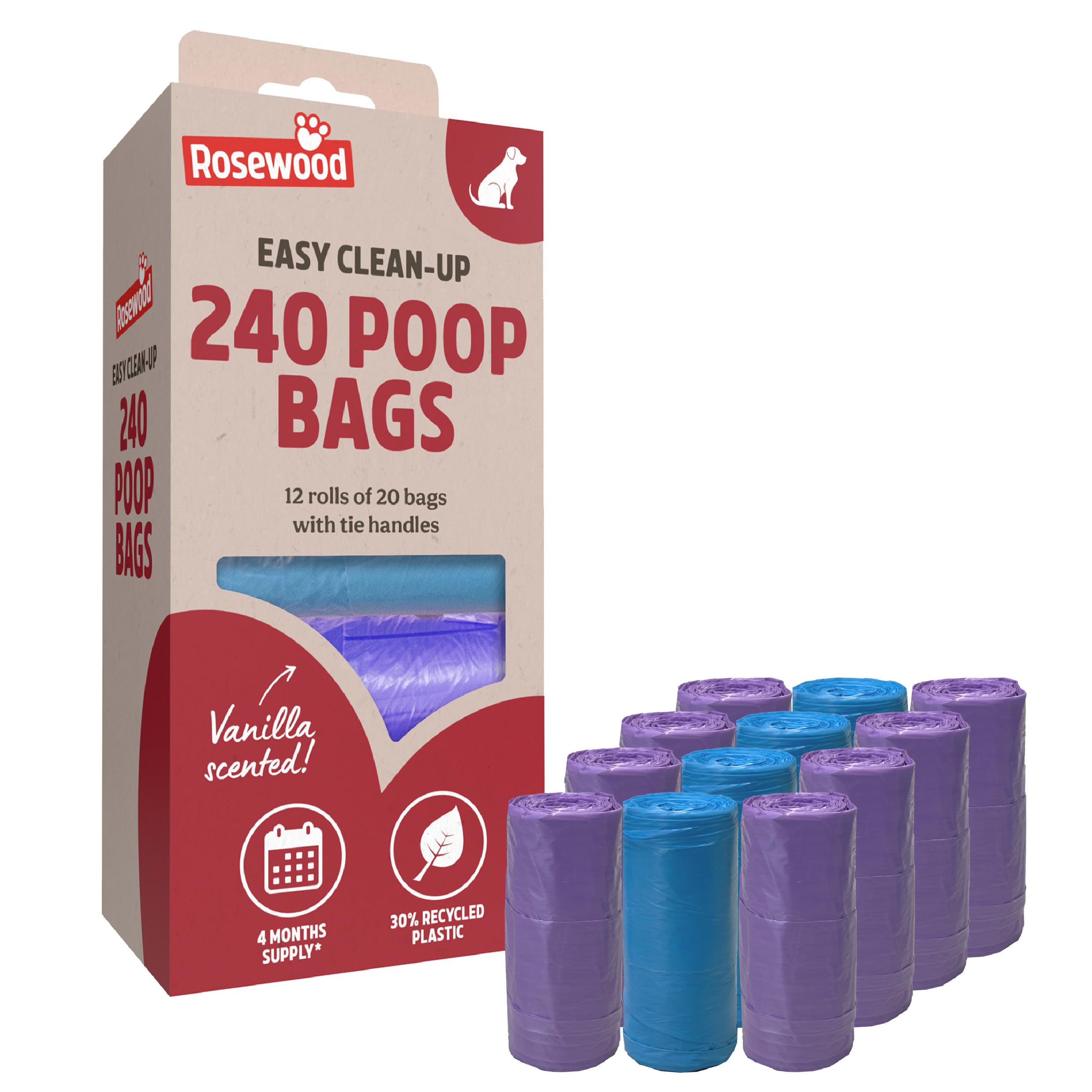 Rosewood Dog Poo Bags with Handles - 240 Bags, 12 Rolls, Vanilla Scented
