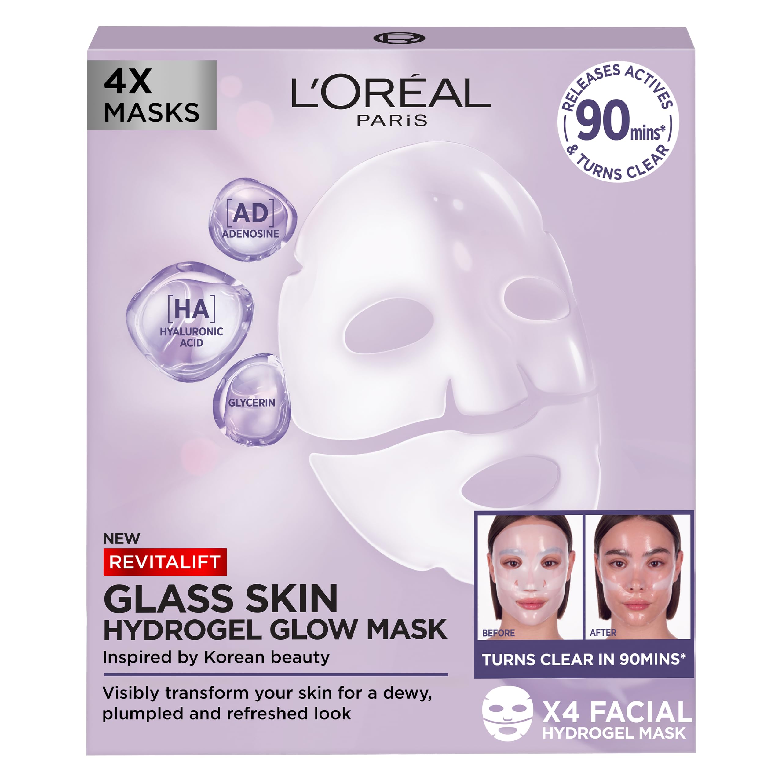 L'Oreal Paris Revitalift Filler Hydrogel Glow Mask - Glass Skin, Hydrating, Plumping Treatment (4 Pack) 2