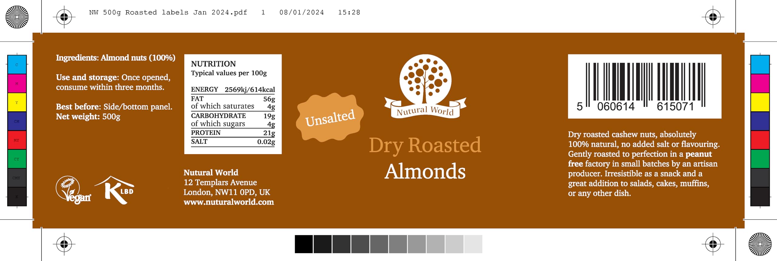 Nutural World Dry Roasted Whole Almonds - Unsalted (500g)
