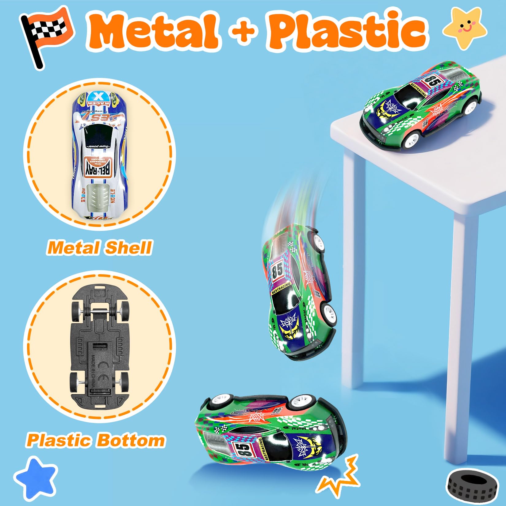 TOYABI 10Pcs Pull Back Toy Cars Racing Set with Mat & 2 Launchers | Metal Shell | Ages 3+ 6