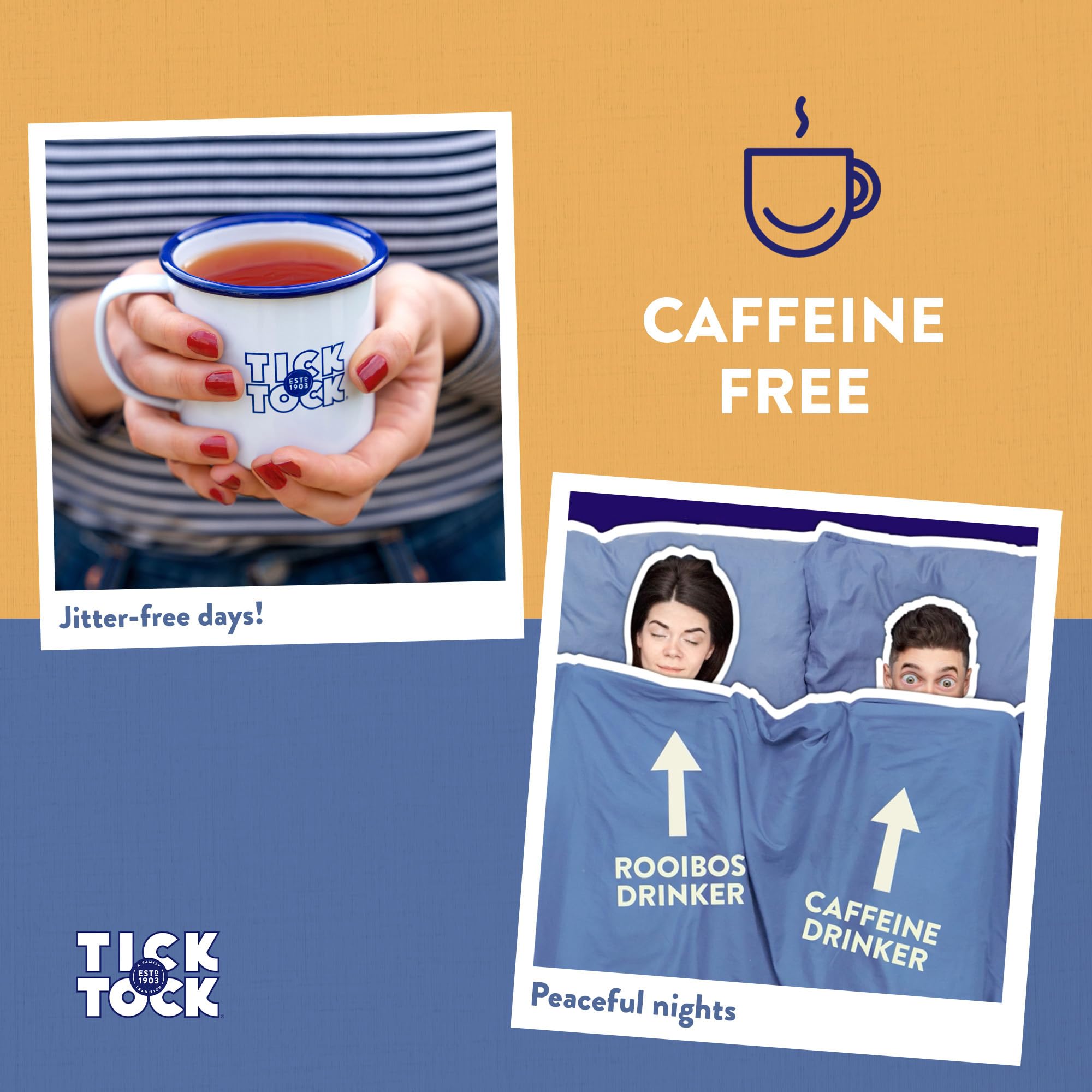 Tick Tock Wellbeing Bedtime Tea - Caffeine-Free Herbal Blend with Camomile & Lavender | 6 Count (20 Bags Each)