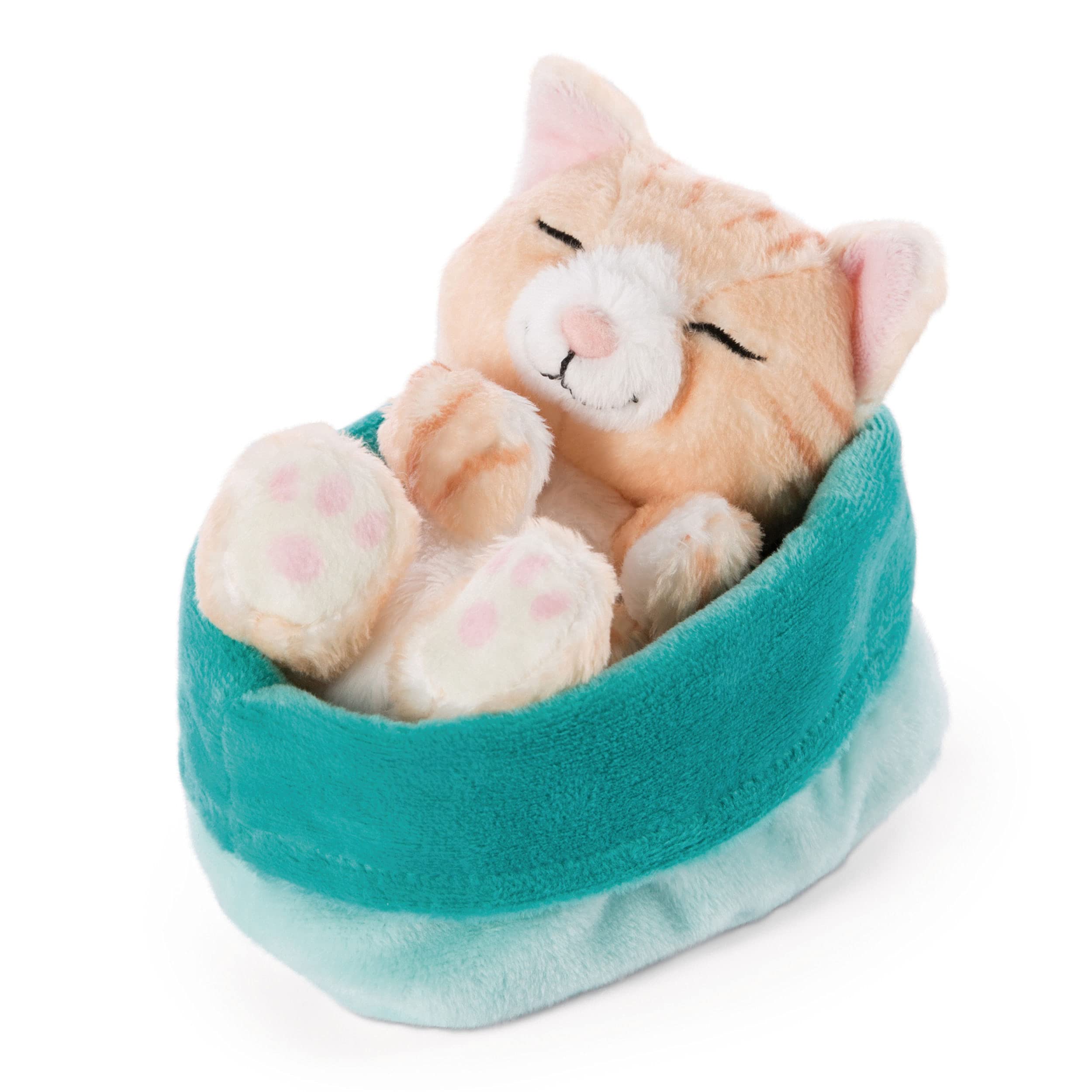 NICI Soft Toy Cat in Blue-Green Basket - Cuddly Plush Kitten for Babies & Kids