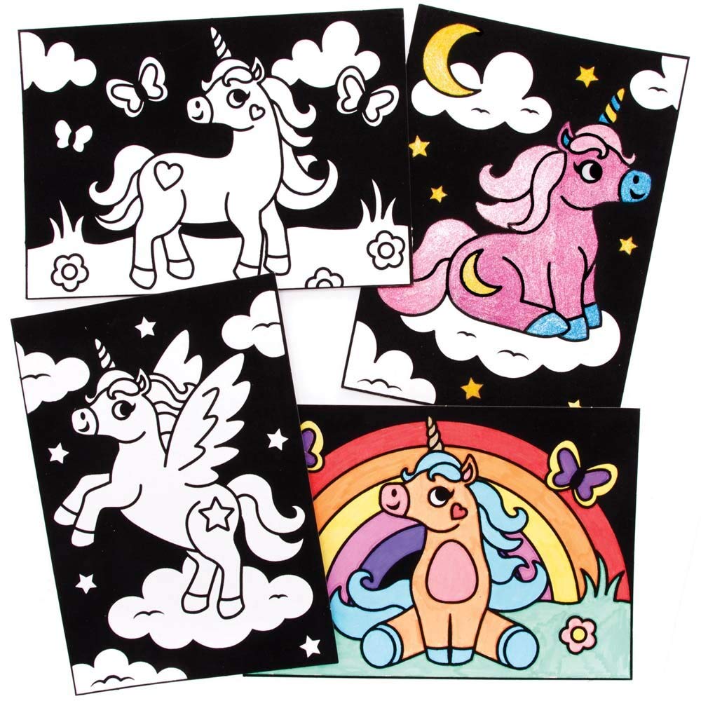 Baker Ross FE258 Unicorn Colour-in Pictures - Pack of 10 Fuzzy Art Craft Set for Kids