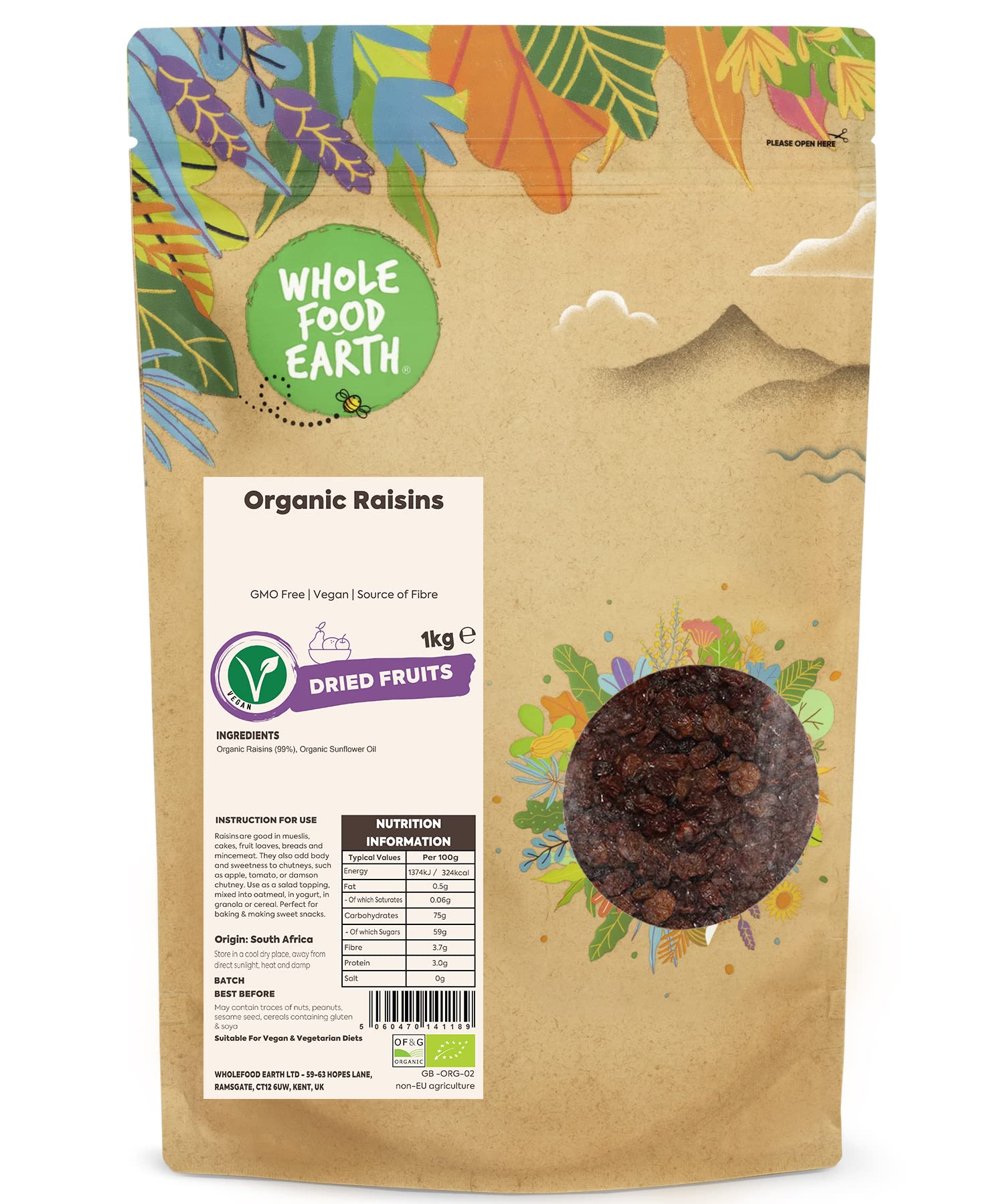 Wholefood Earth Organic Raisins – 1 kg | GMO Free | Vegan | Source of Fibre
