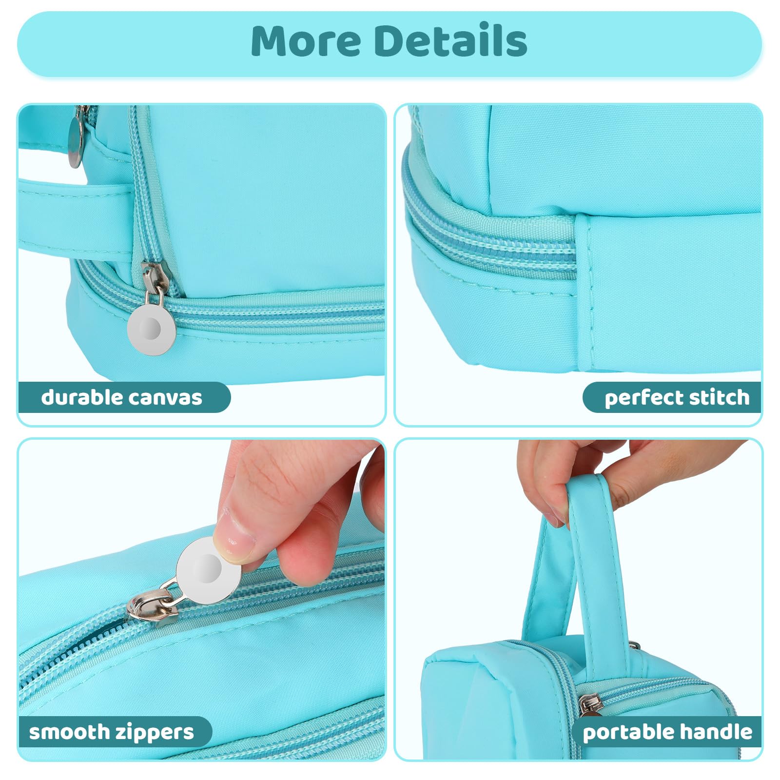 Alyvisun Large Capacity Pencil Case - 3 Compartments, Blue Canvas, Zipper Closure | Handle Strap 4