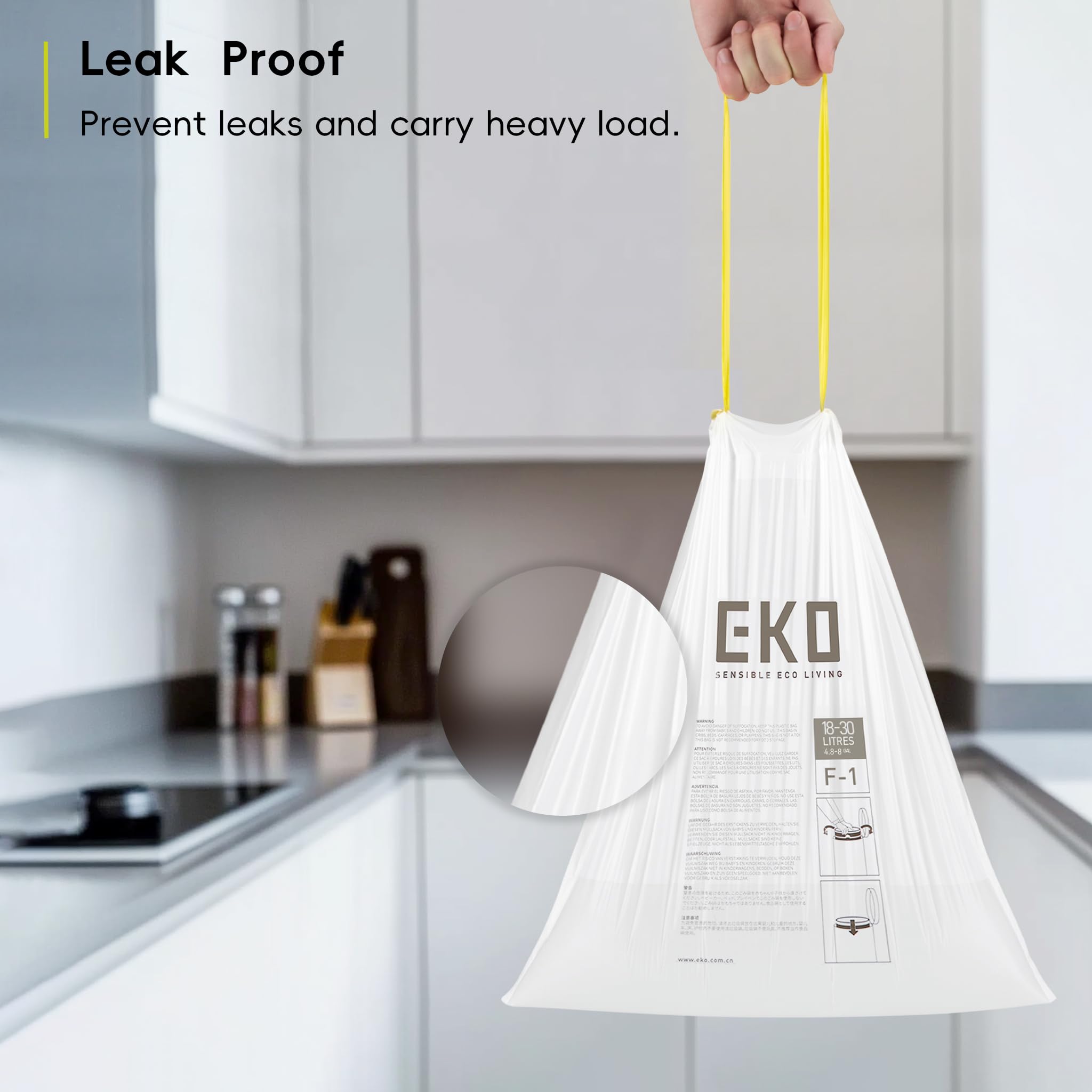 EKO Heavy Duty 18-30L Drawstring Bin Bags, Leakproof & Tear-Resistant Kitchen Bin Liners, 49 x 70 cm, 20 Count, Code F-1 5