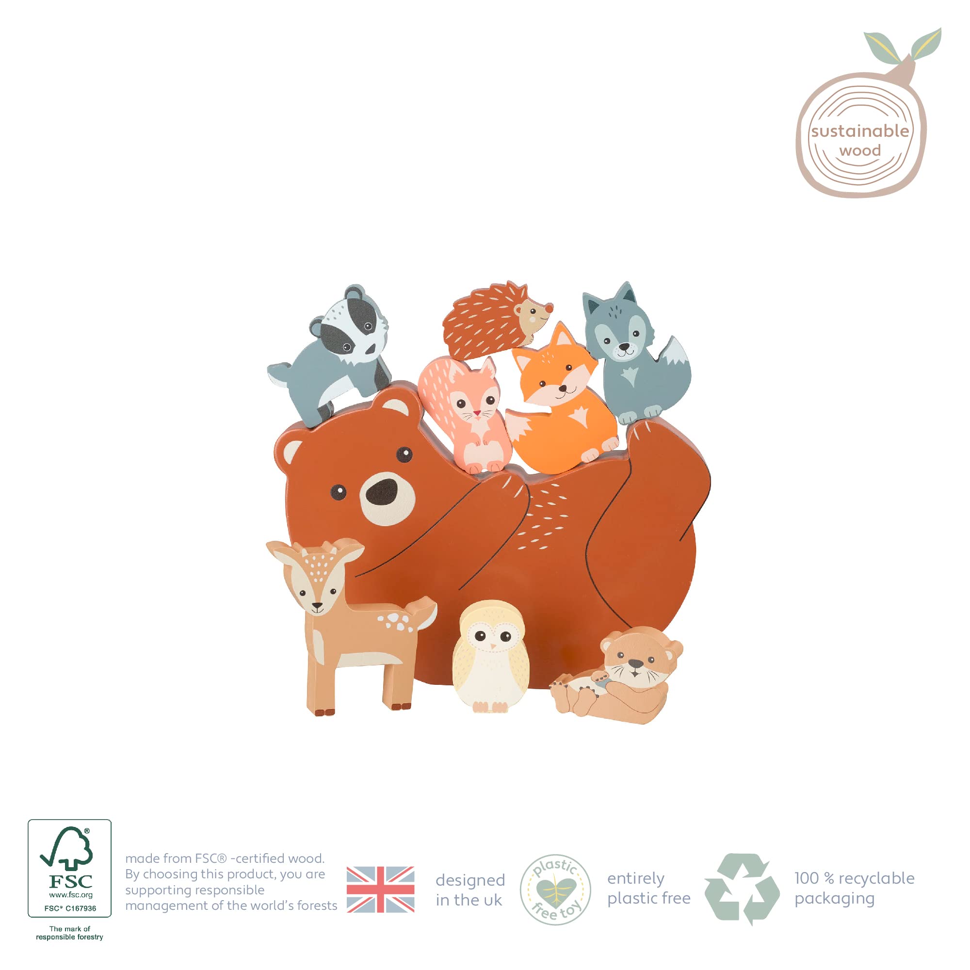 Orange Tree Toys Wooden Stacking Set - Woodland Animals Balancing Game for Toddlers 4