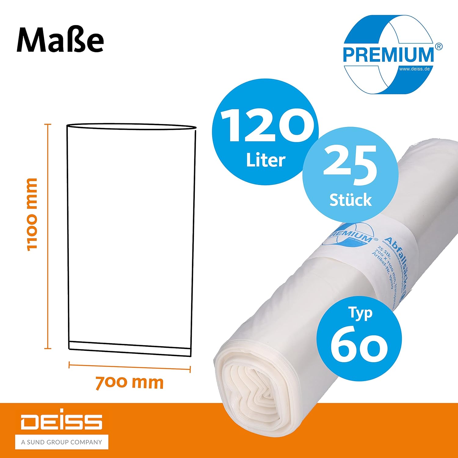 Deiss Premium Transparent Bin Bags Type 60, 120L - Clear Rubbish Bags 700 x 1100 mm