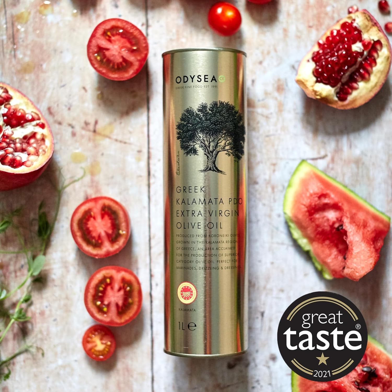 Odysea Greek Kalamata PDO Extra Virgin Olive Oil 1L Round Tin