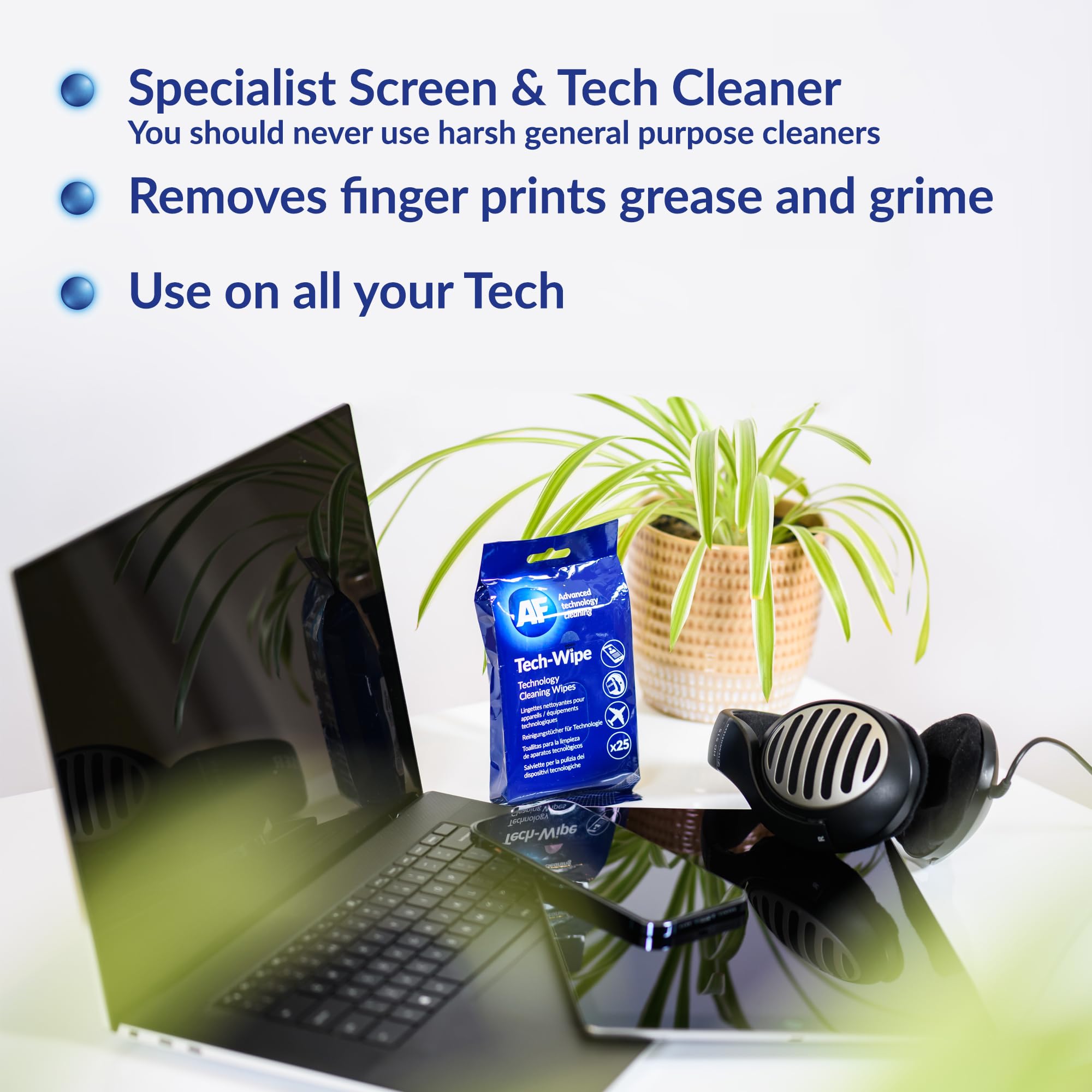 AF Tech Wipes - 3 Packs of 25 Pre-Moistened Wipes for Screens, Phones & Tablets