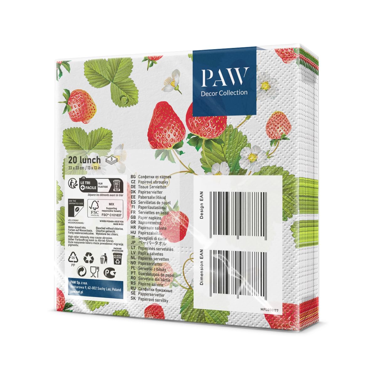 PAW Decor Collection 3-Ply Napkins - Strawberries with Bees Design | 33 x 33 cm | 20 Count
