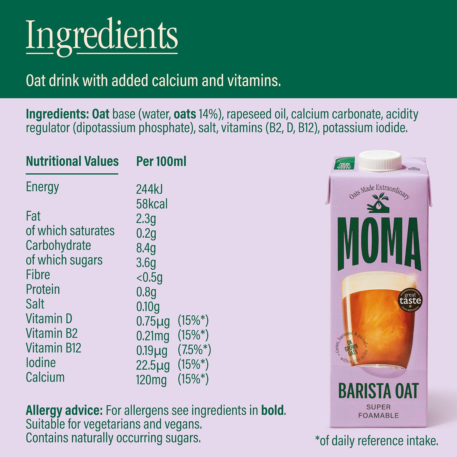 MOMA Barista Edition Oat Drink - 1L - Unsweetened Plant-Based Oat Milk for Coffee, Fortified with Vitamins D, B2 & B12 3
