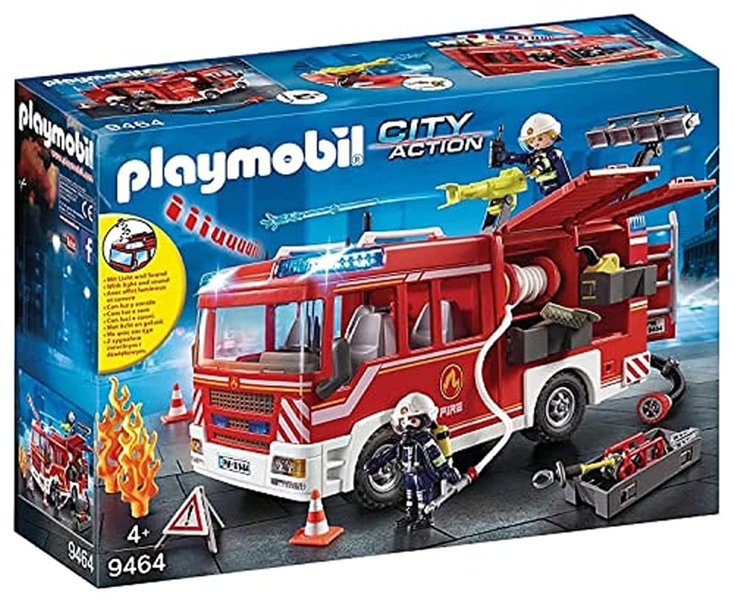 Playmobil 9464 Fire Engine with Working Water Cannon, Light & Sound Effects, Firefighter & Helicopter Playset for Kids 4+