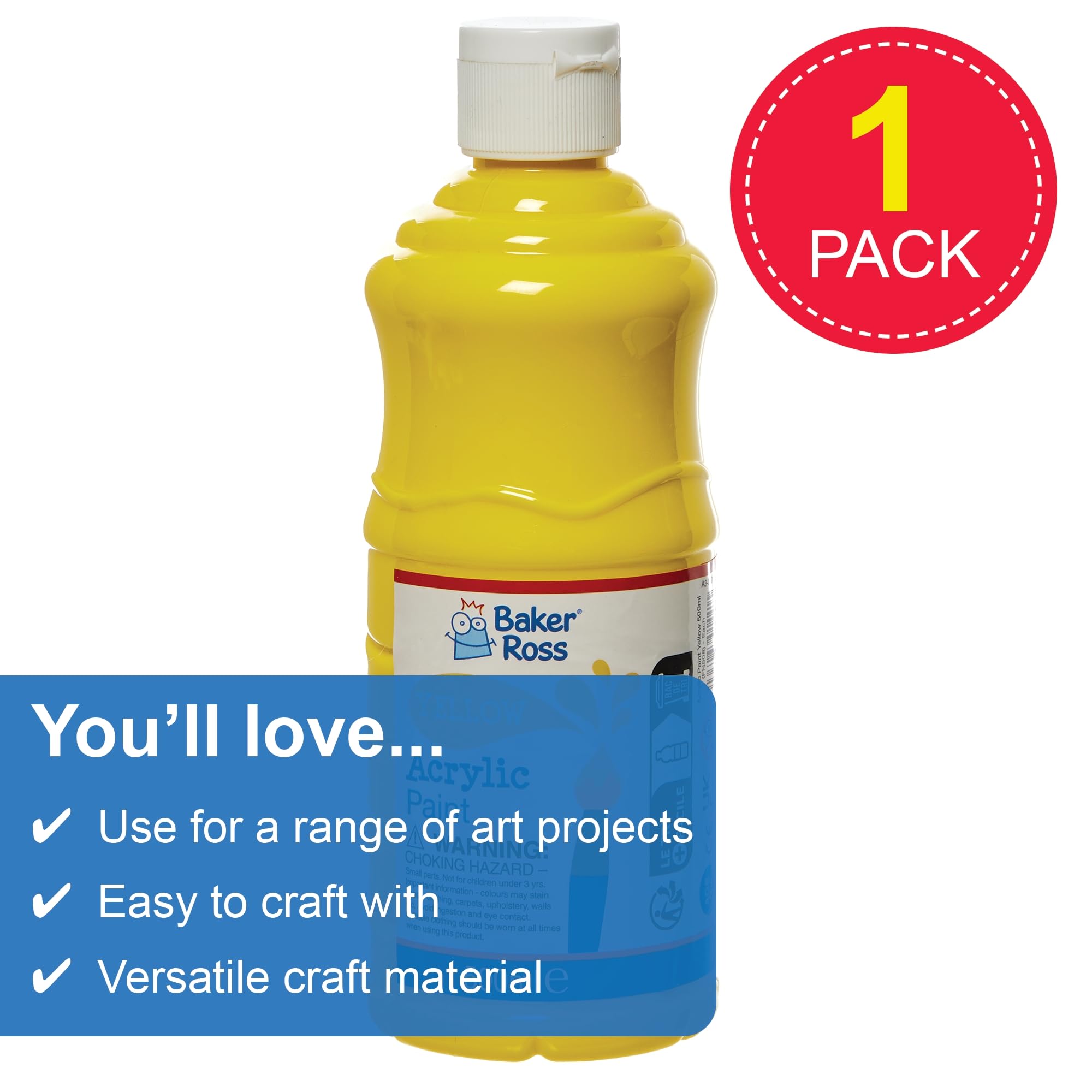Baker Ross Yellow Acrylic Paint 500ml - Water-Based Washable Paint for Kids | Gloss Finish 2