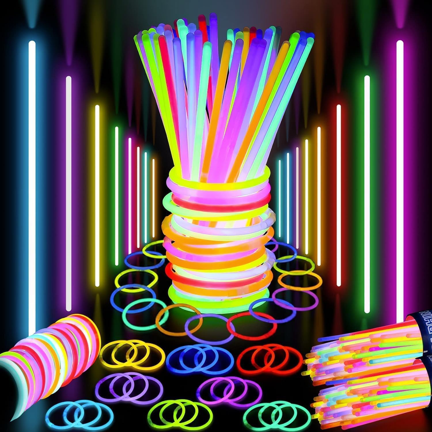 SHATCHI 100Pcs Glow Sticks 8" with Connectors - Neon Party Favors for Halloween, Rave, Birthday, Camping & 80s Themed Events 7