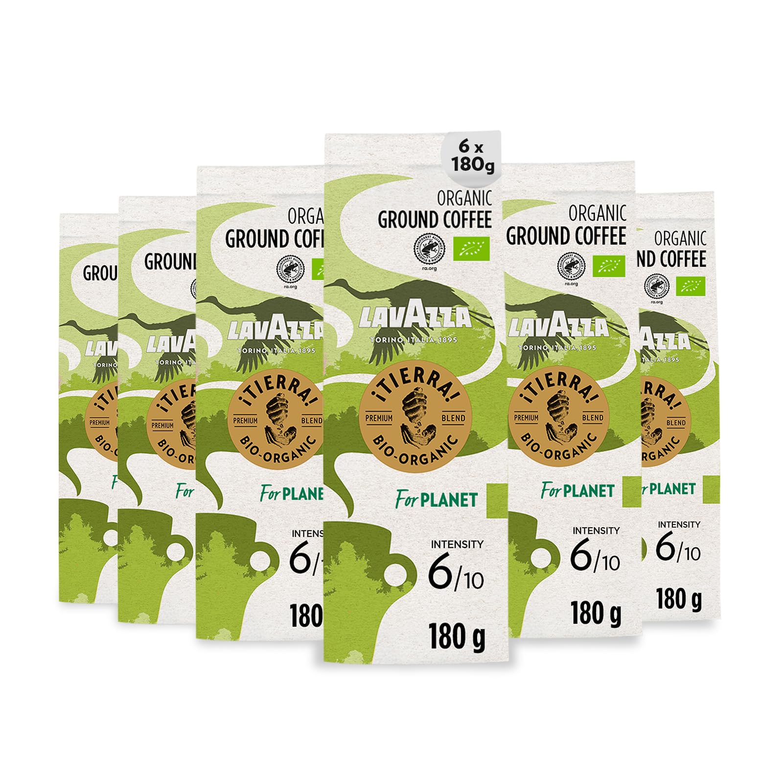 Lavazza Tierra For Planet Ground Coffee - 6 Packs of 180g, Organic Arabica, Fruity & Flowery Notes, Intensity 6/10