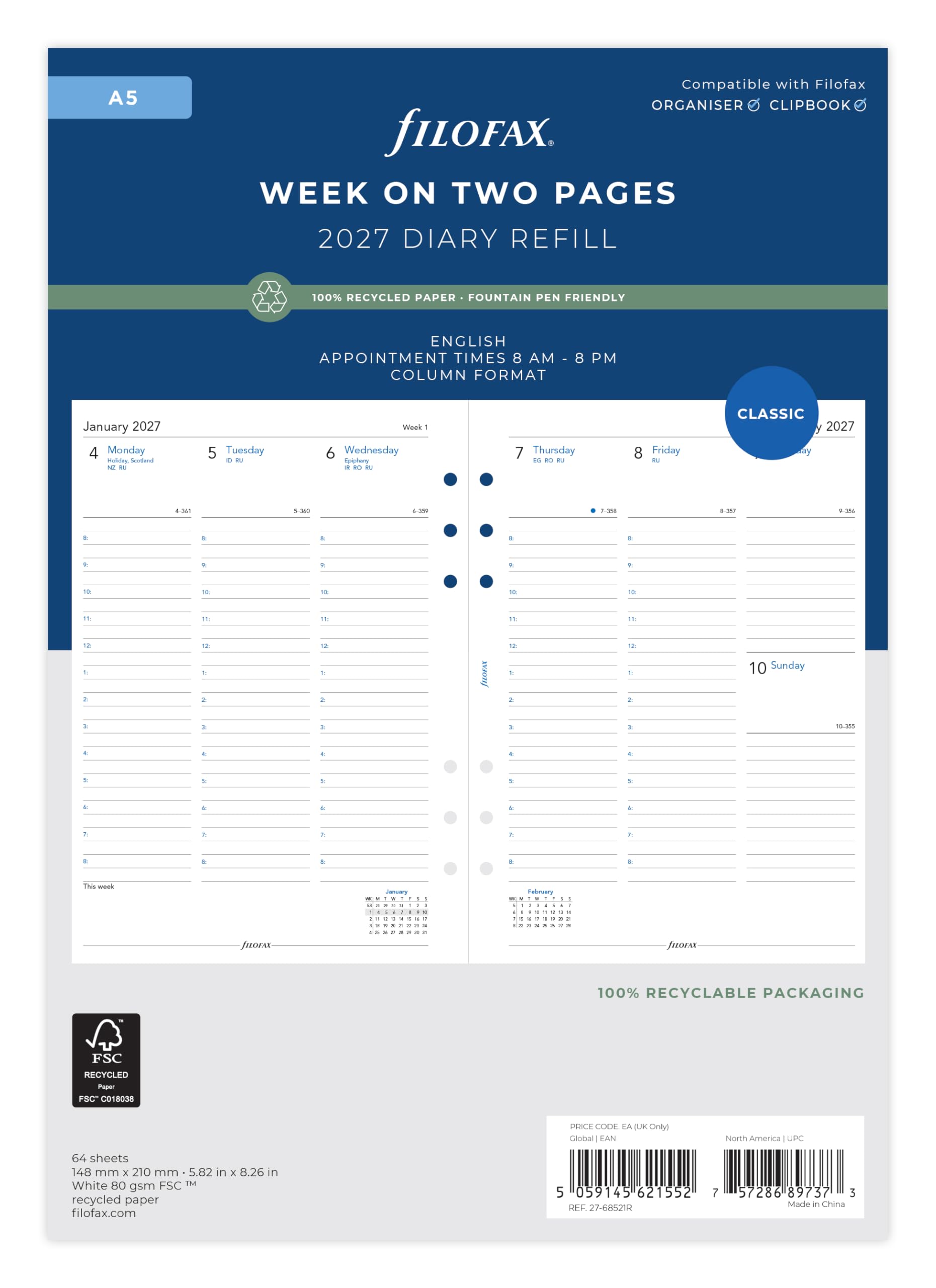 Filofax A5 2027 Diary Refill - Week on Two Pages Column Format | Recycled Paper | English 1